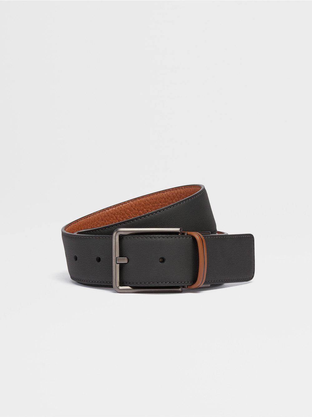 BLACK LEATHER AND FOLIAGE DEERSKIN REVERSIBLE BELT