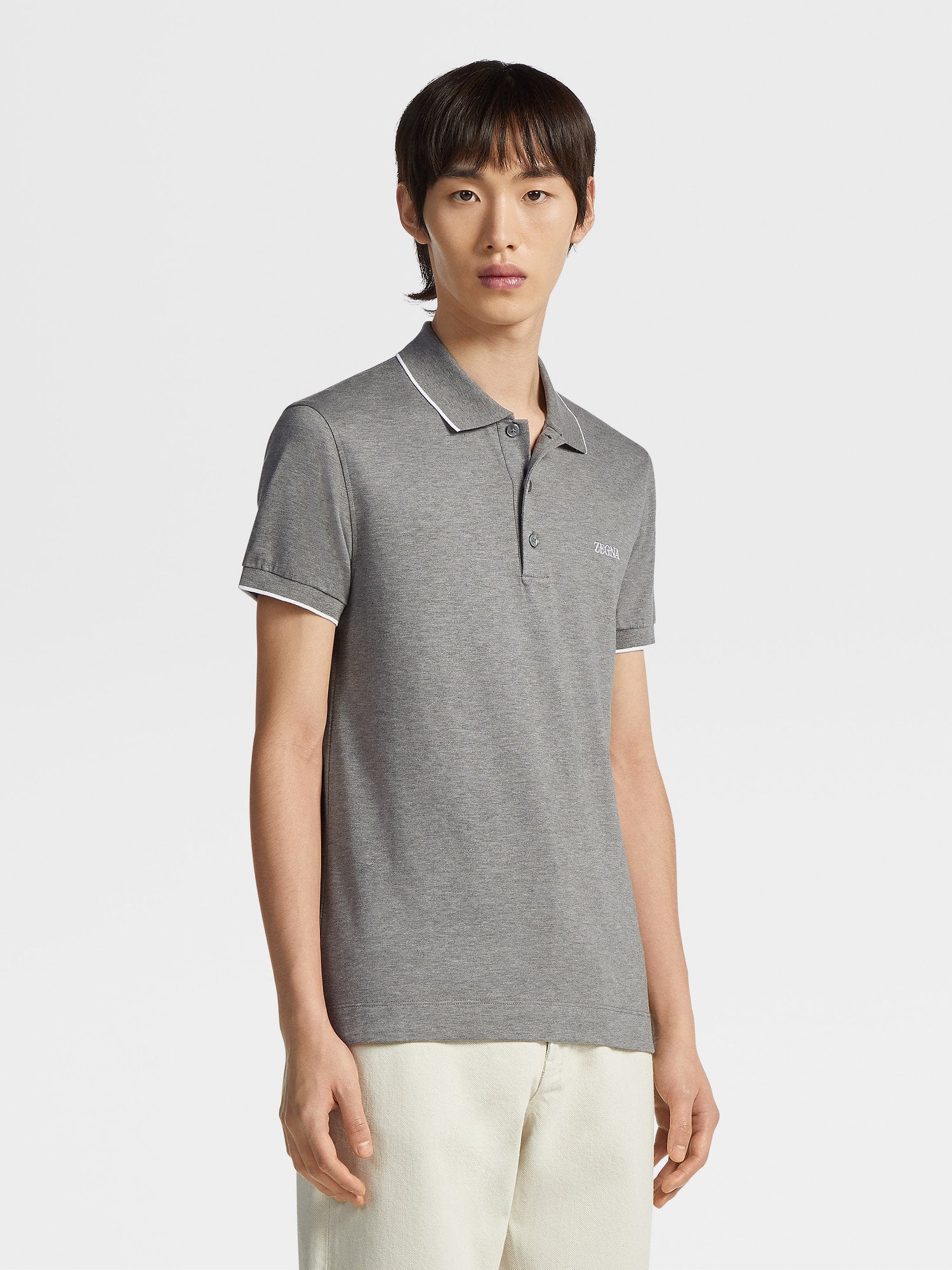 GREY MÉLANGE STRETCH COTTON SHORT-SLEEVE POLO