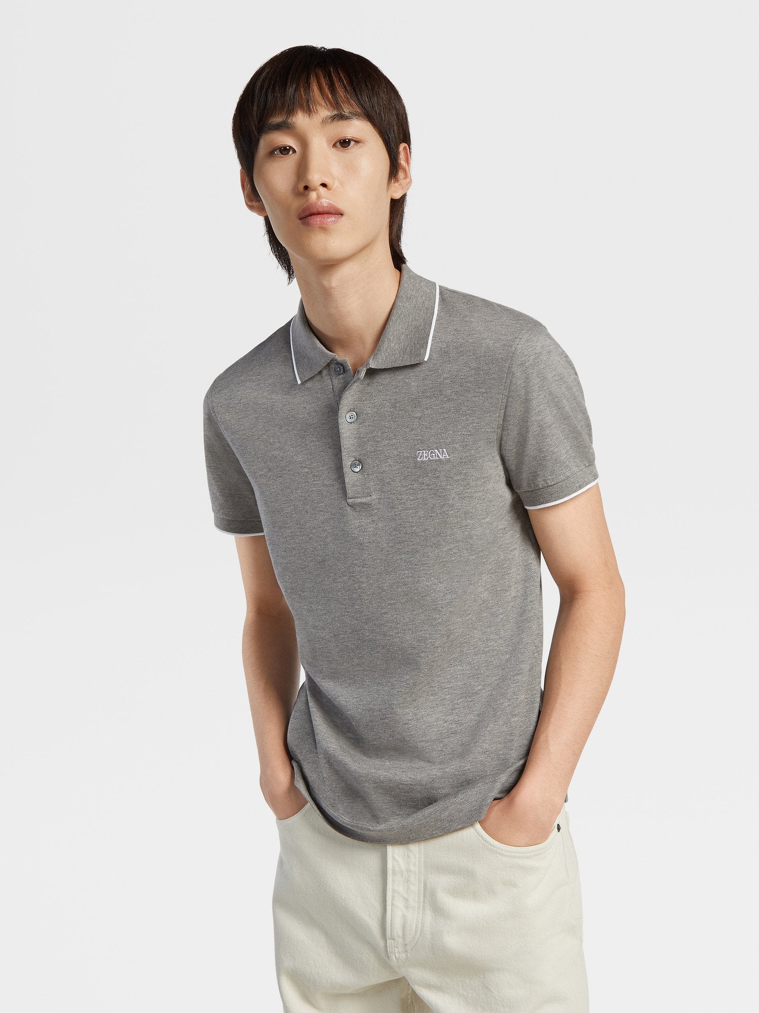 GREY MÉLANGE STRETCH COTTON SHORT-SLEEVE POLO