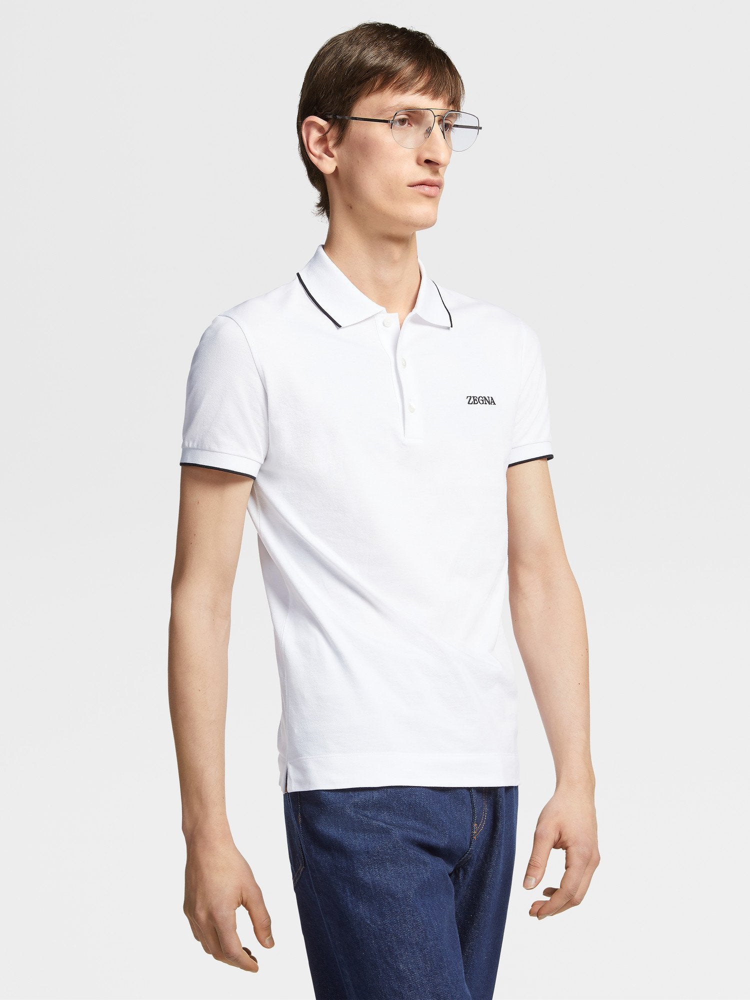 OPTICAL WHITE STRETCH COTTON POLO SHIRT