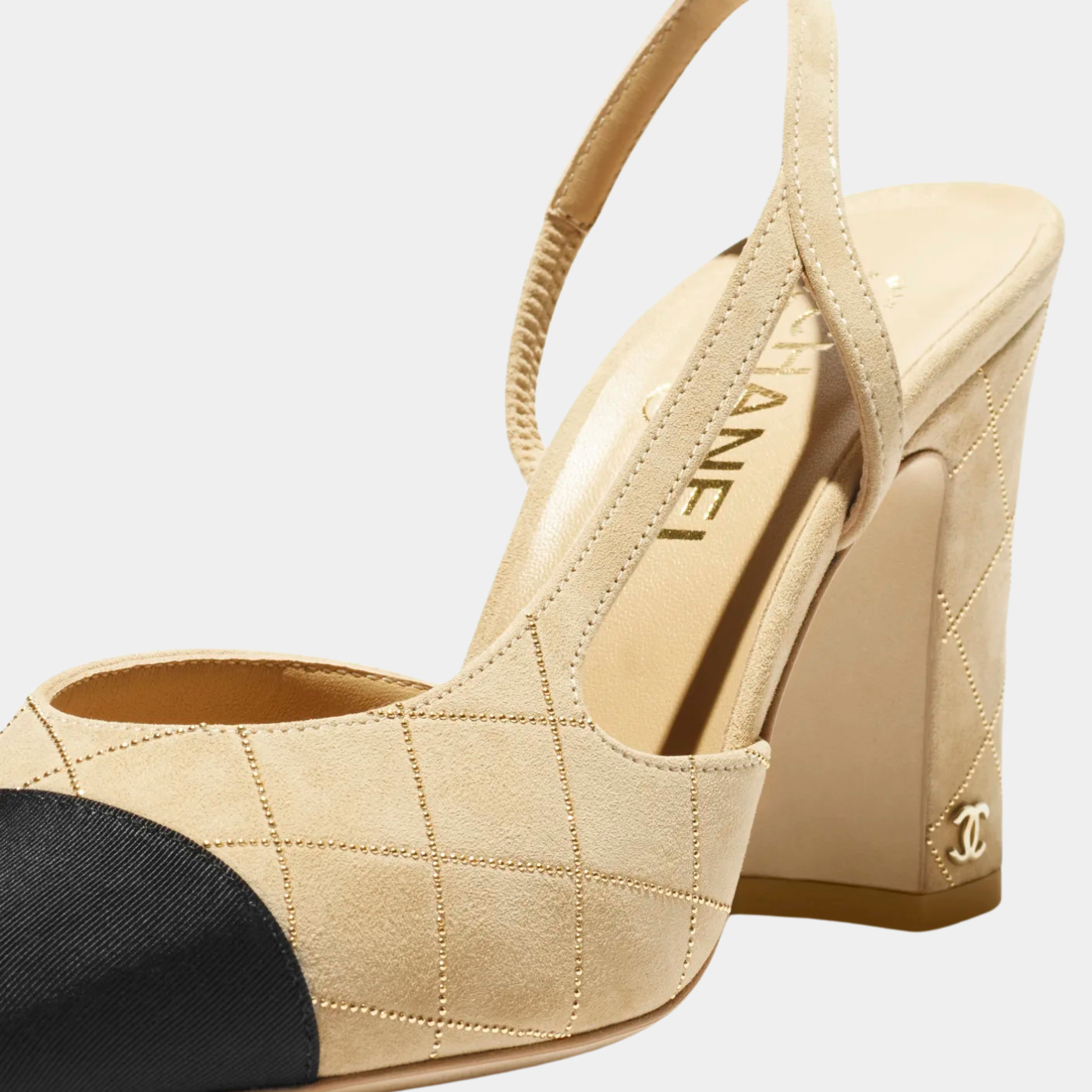 Slingback - Suede Goatskin &amp; Grosgrain - Beige, Golden &amp; Black