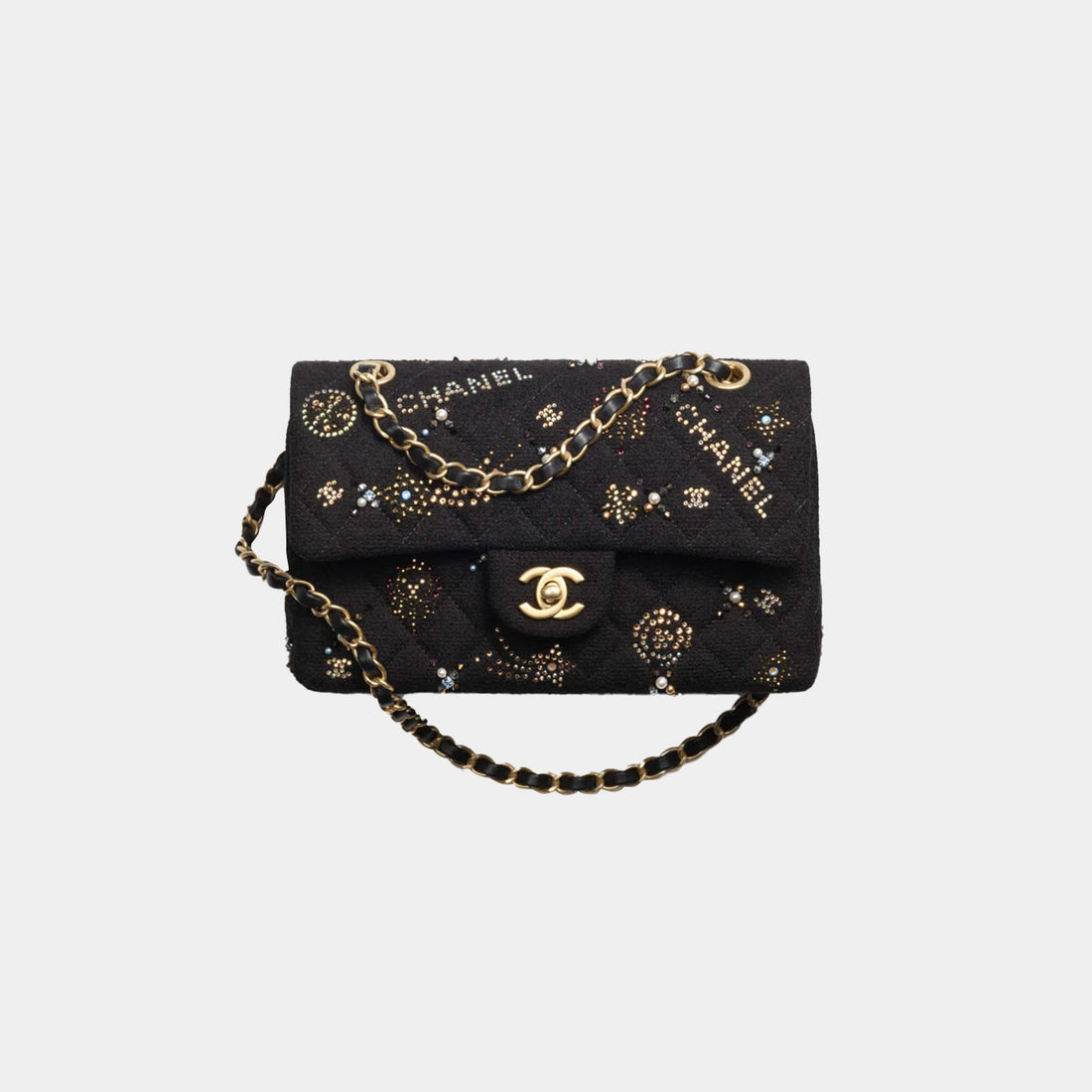 Small Classic Handbag Embroidered Tweed Strass Glass Pearls And Gold Tone Metal Black