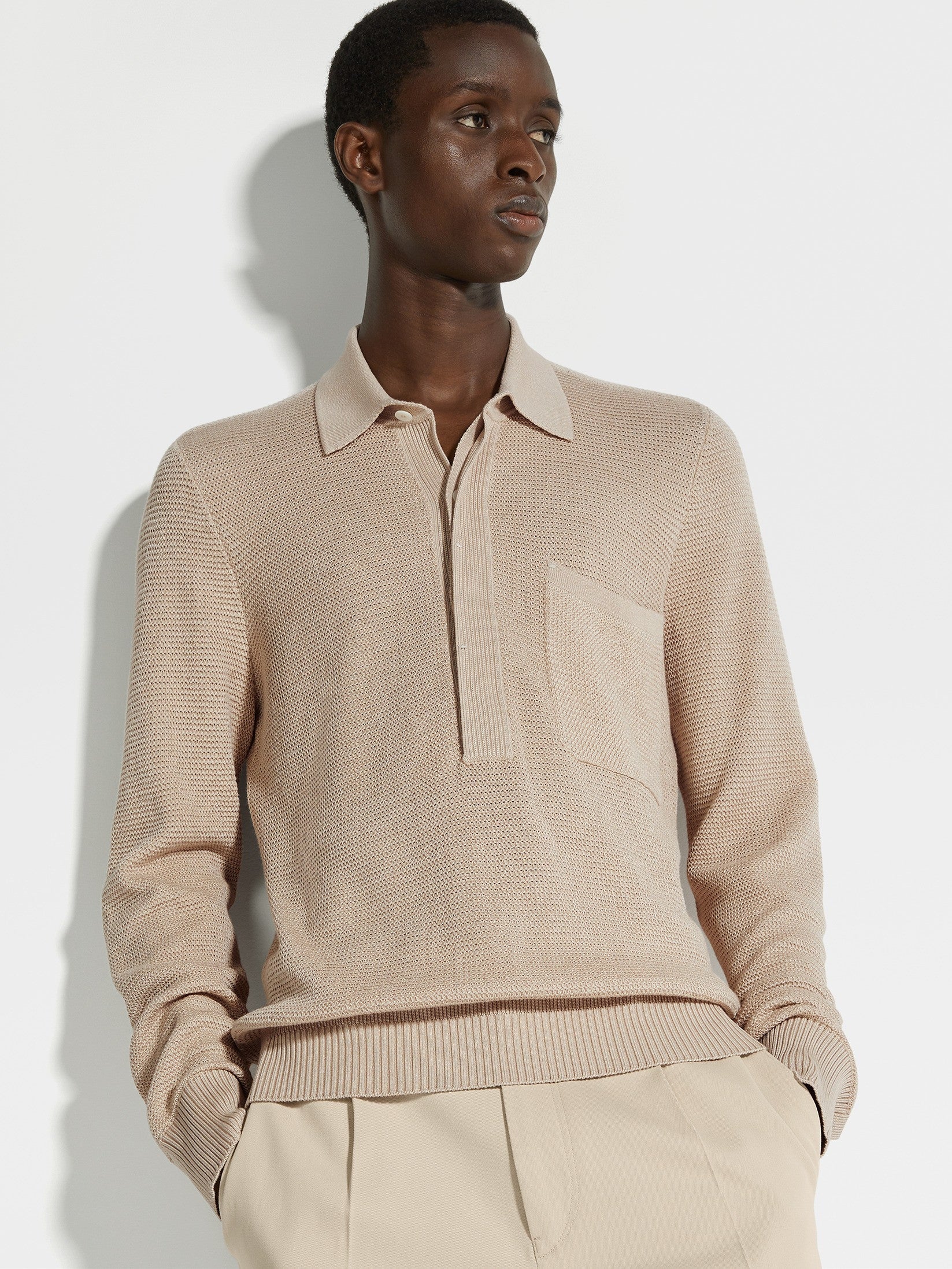 LIGHT BEIGE MÉLANGE COTTON AND SILK POLO SHIRT