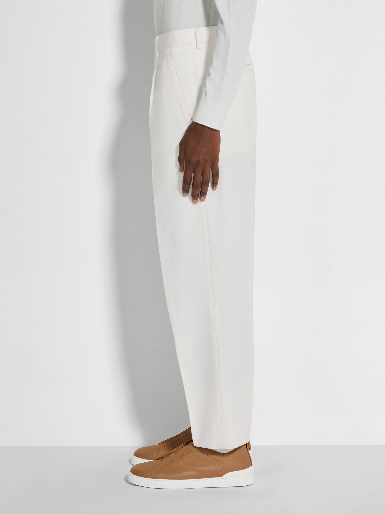 WHITE COTTON AND WOOL PANTS