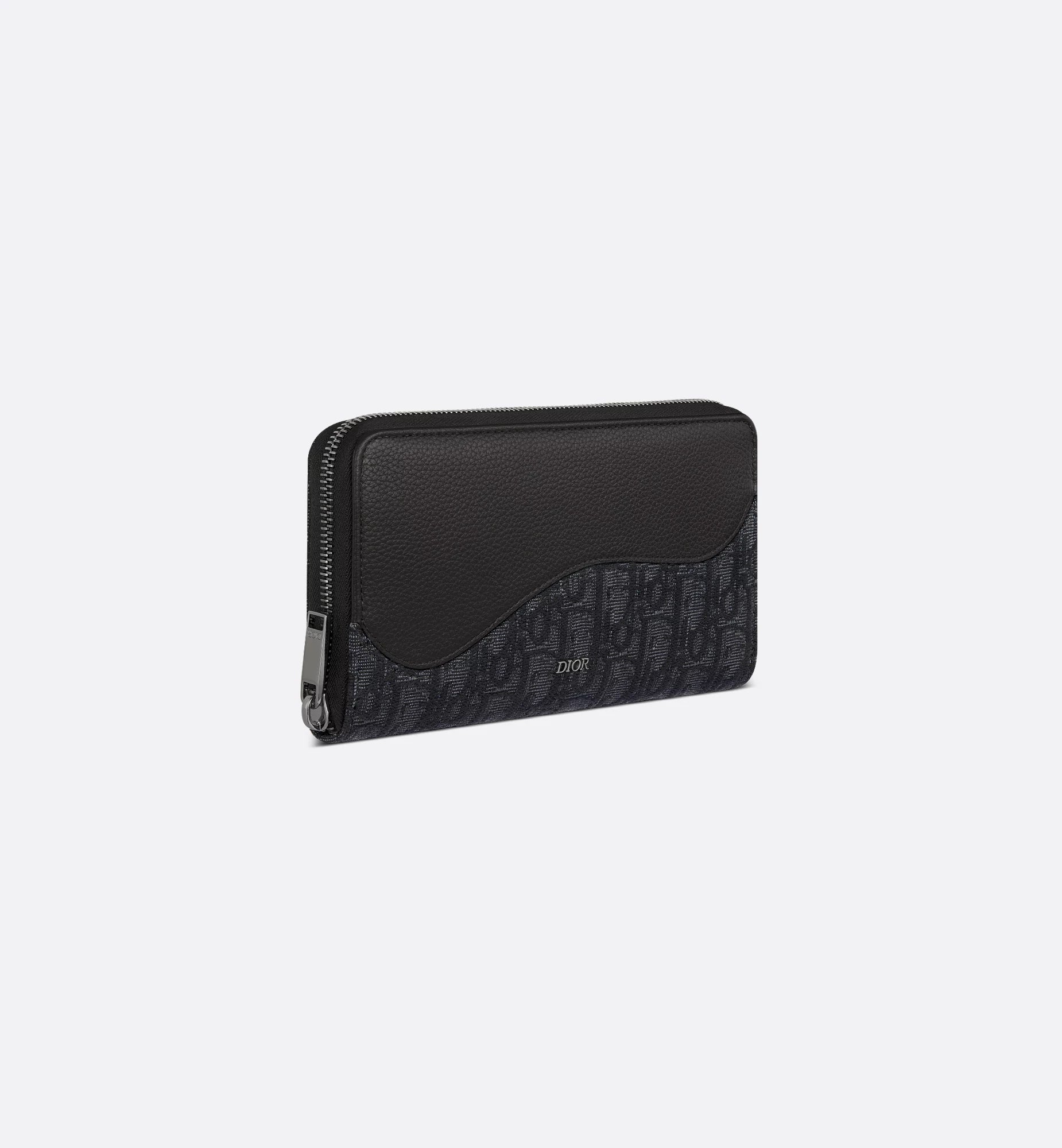 Saddle Zipped Long Wallet Black Grained Calfskin Marquetry And Black Dior Oblique Jacquard