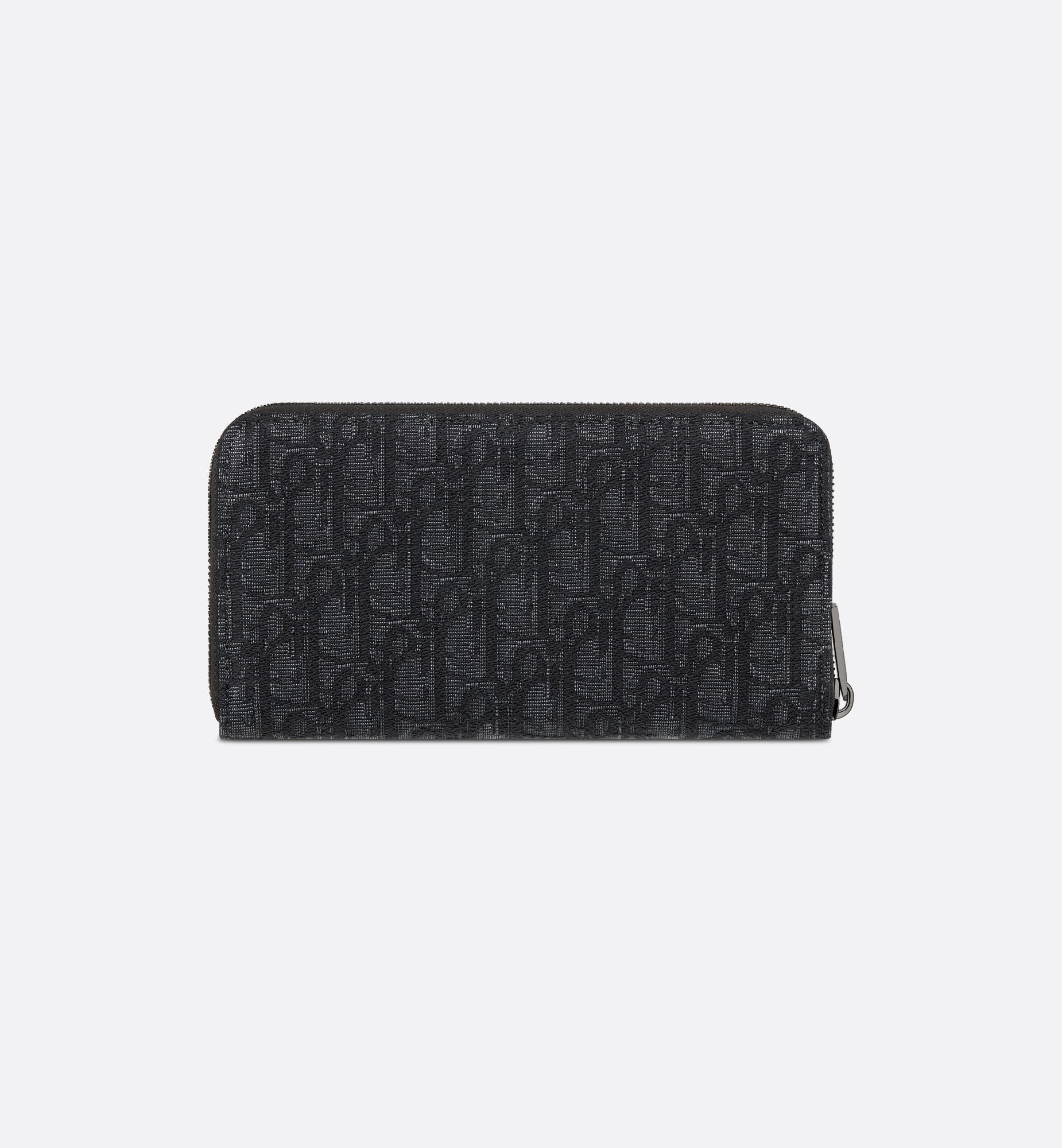 Saddle Zipped Long Wallet Black Grained Calfskin Marquetry And Black Dior Oblique Jacquard