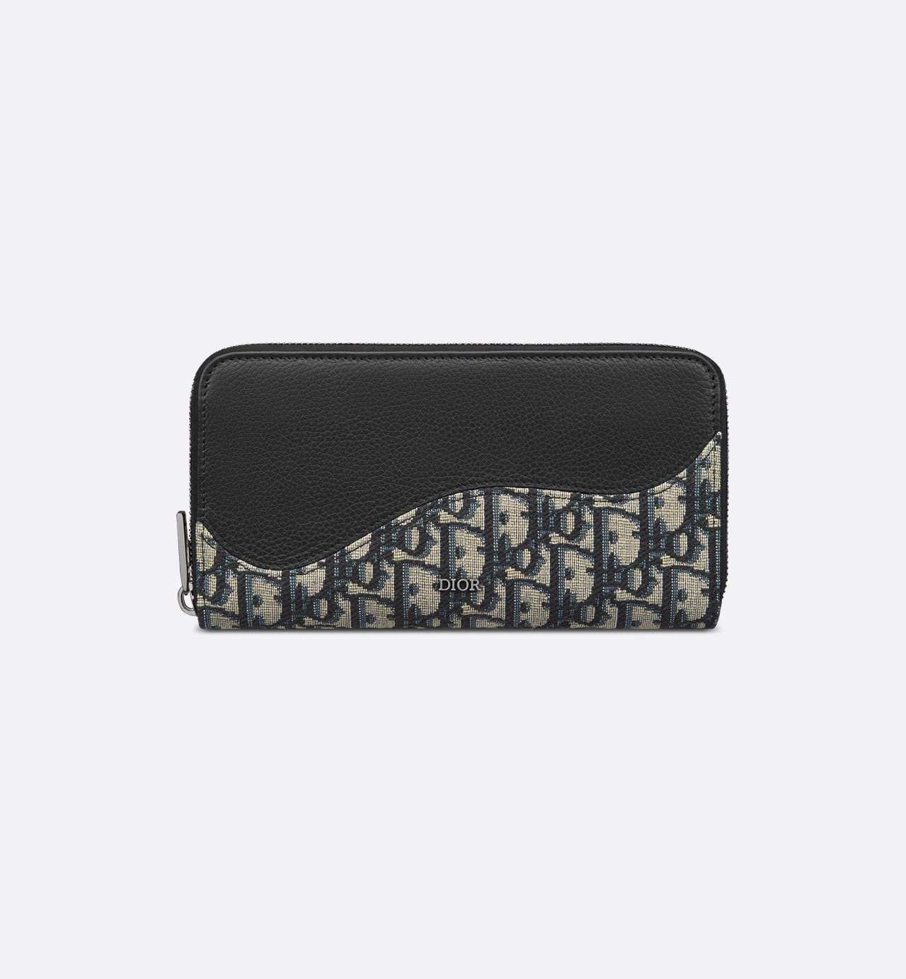 Saddle Zipped Long Wallet Black Grained Calfskin Marquetry With Beige And Black Dior Oblique Jacquard