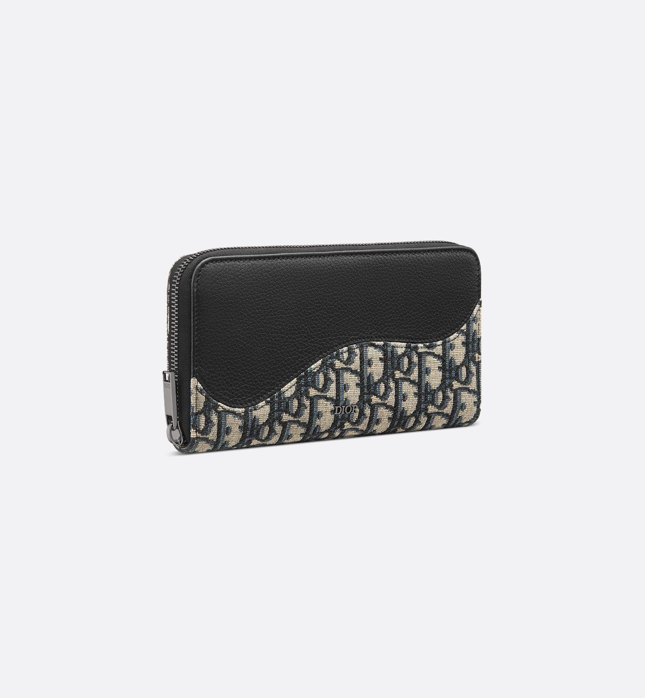 Saddle Zipped Long Wallet Black Grained Calfskin Marquetry With Beige And Black Dior Oblique Jacquard