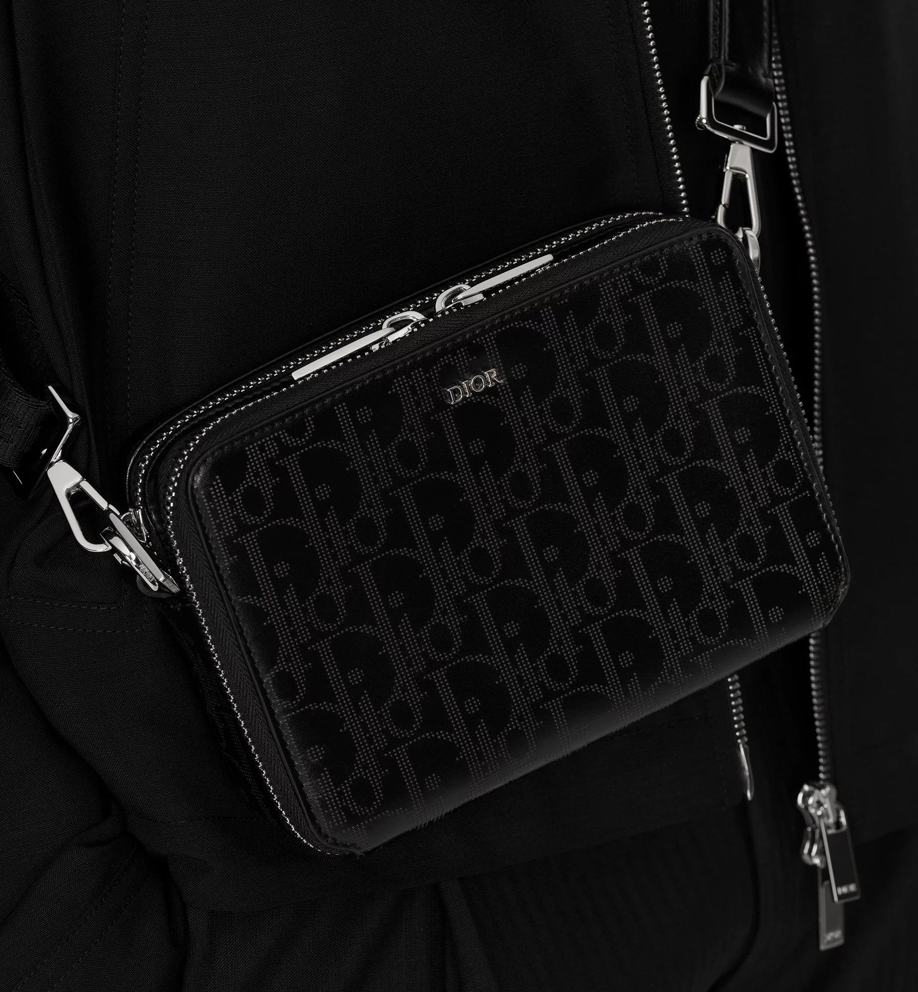 Zipped Pouch With Strap Black Dior Oblique Galaxy Leather