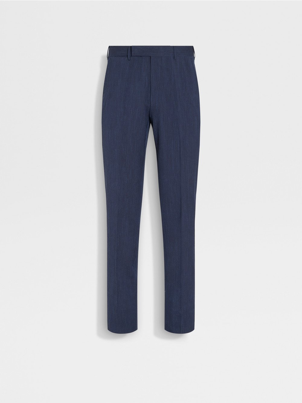 BLUE AND NAVY BLUE TROFEO™ SEERSUCKER WOOL SILK AND LINEN BLEND PANTS