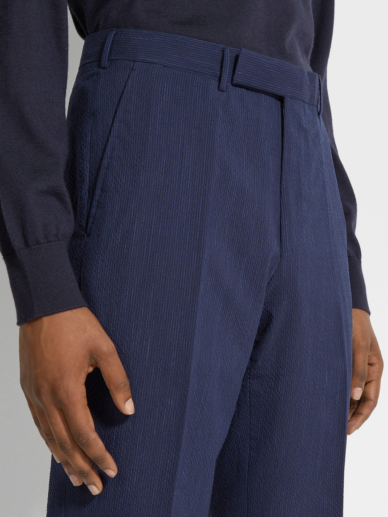 BLUE AND NAVY BLUE TROFEO™ SEERSUCKER WOOL SILK AND LINEN BLEND PANTS