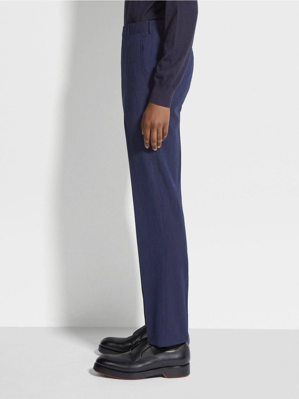 BLUE AND NAVY BLUE TROFEO™ SEERSUCKER WOOL SILK AND LINEN BLEND PANTS