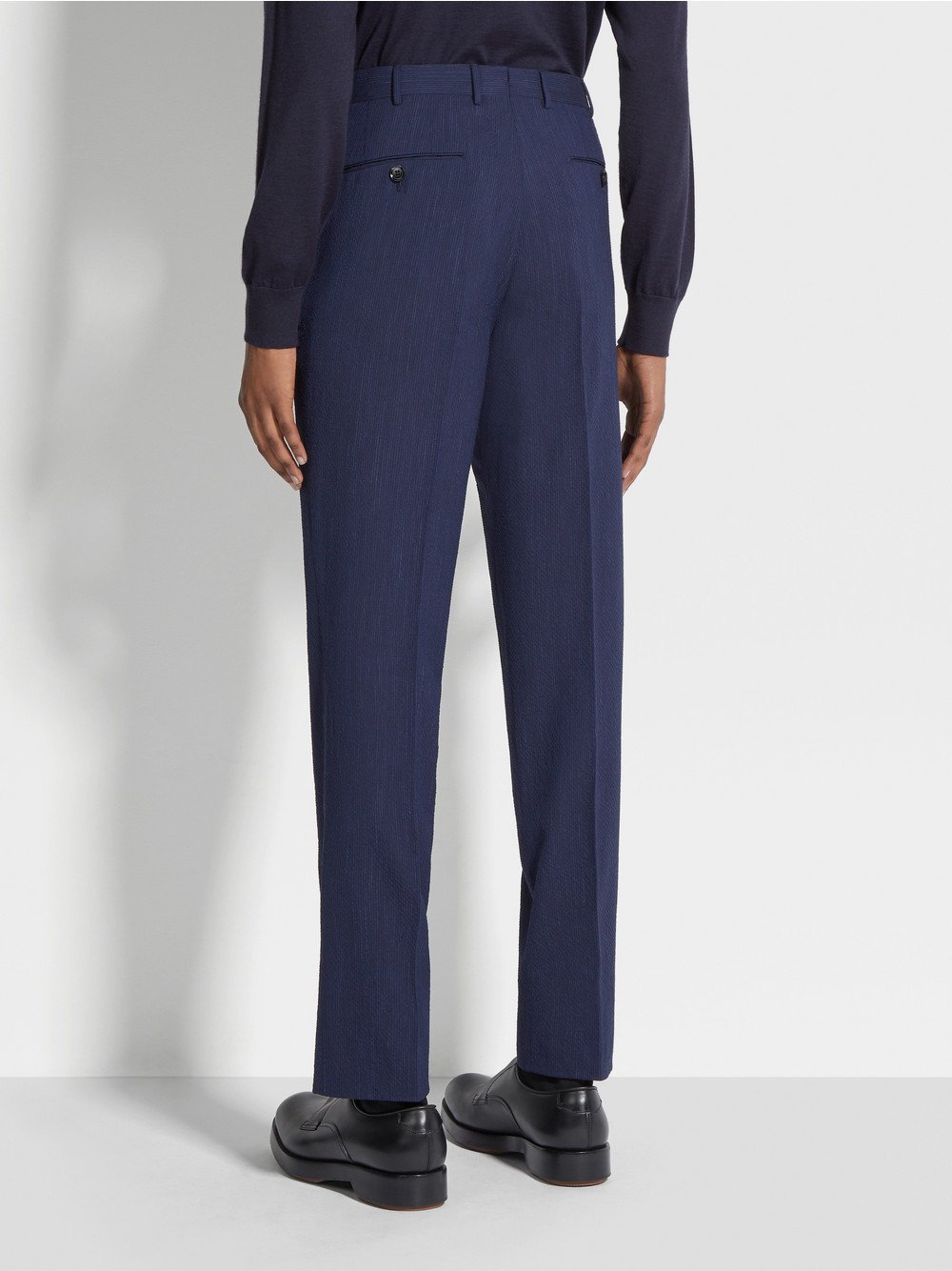 BLUE AND NAVY BLUE TROFEO™ SEERSUCKER WOOL SILK AND LINEN BLEND PANTS