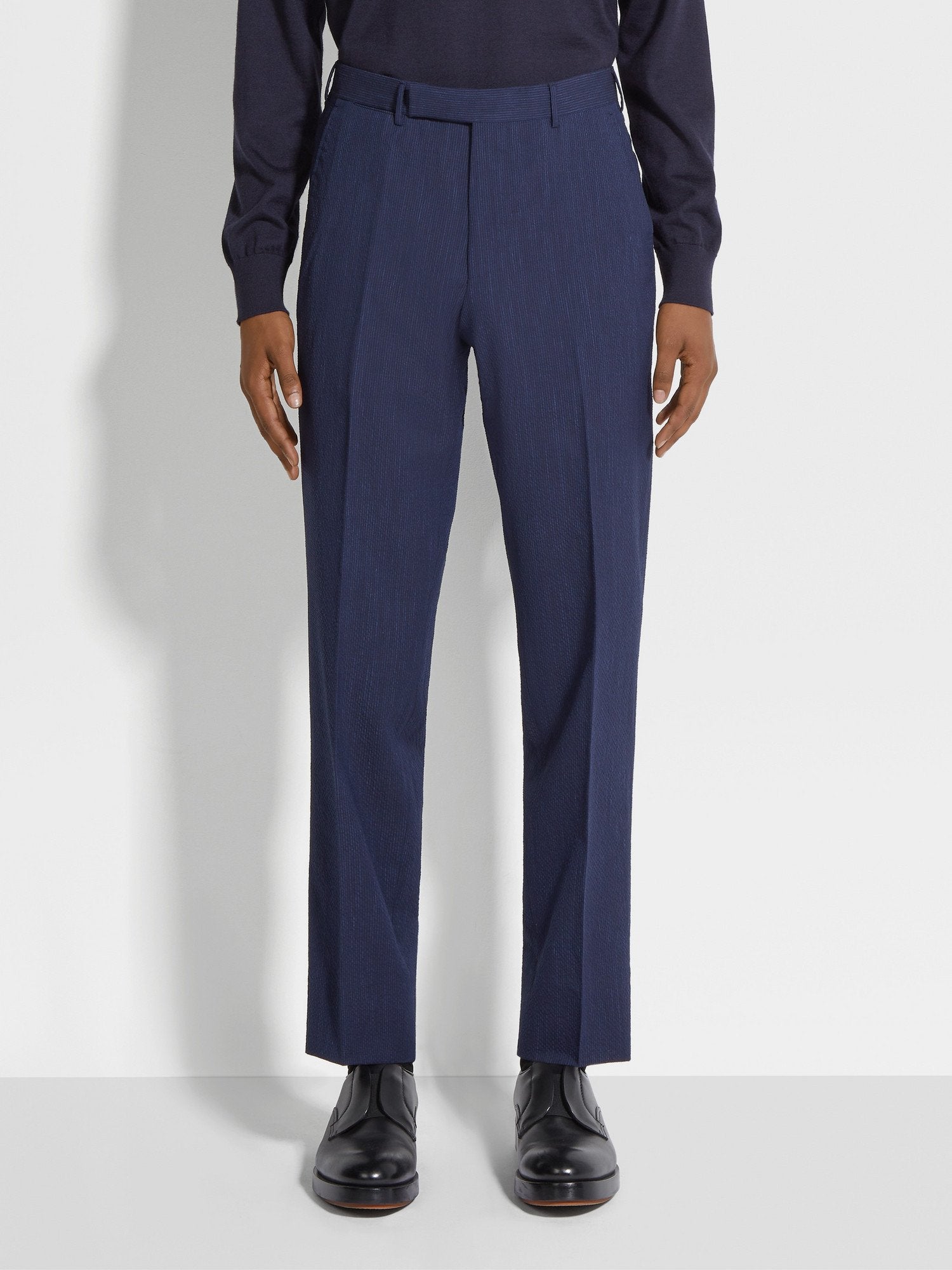 BLUE AND NAVY BLUE TROFEO™ SEERSUCKER WOOL SILK AND LINEN BLEND PANTS