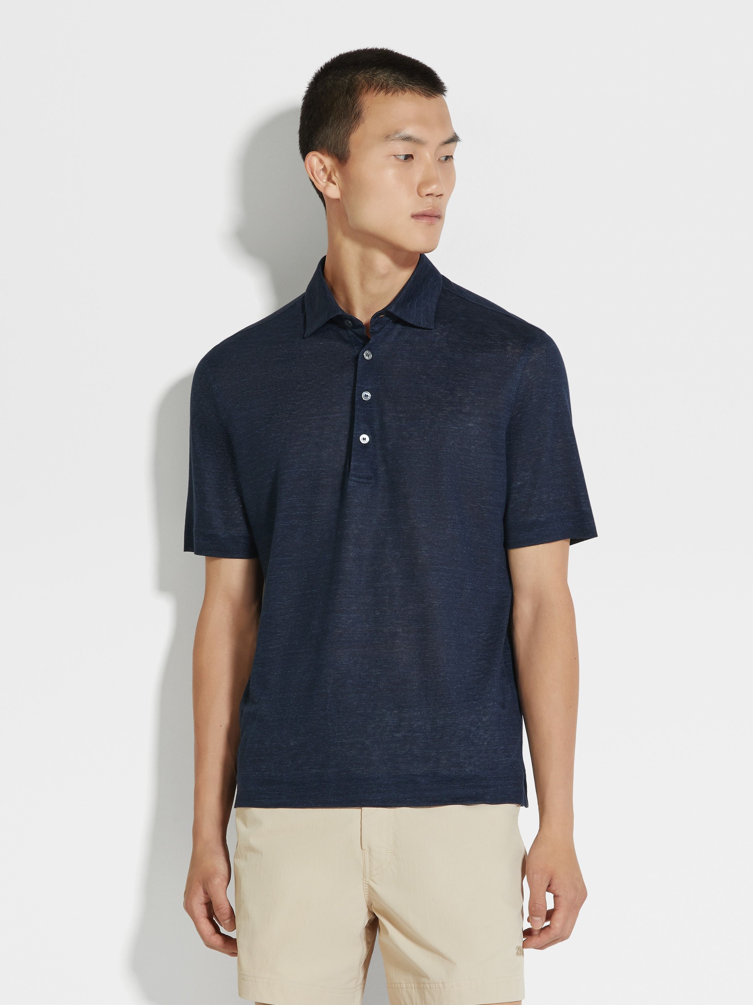 Navy Blue Linen Polo Shirt