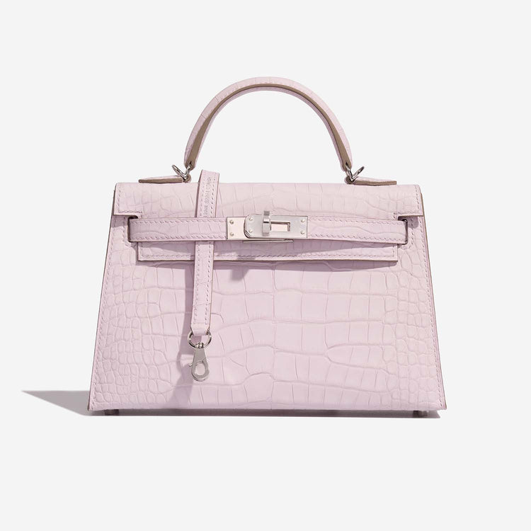 Hermès-Inspired Kelly 20 Mauve Pale Alligator PHW Front View