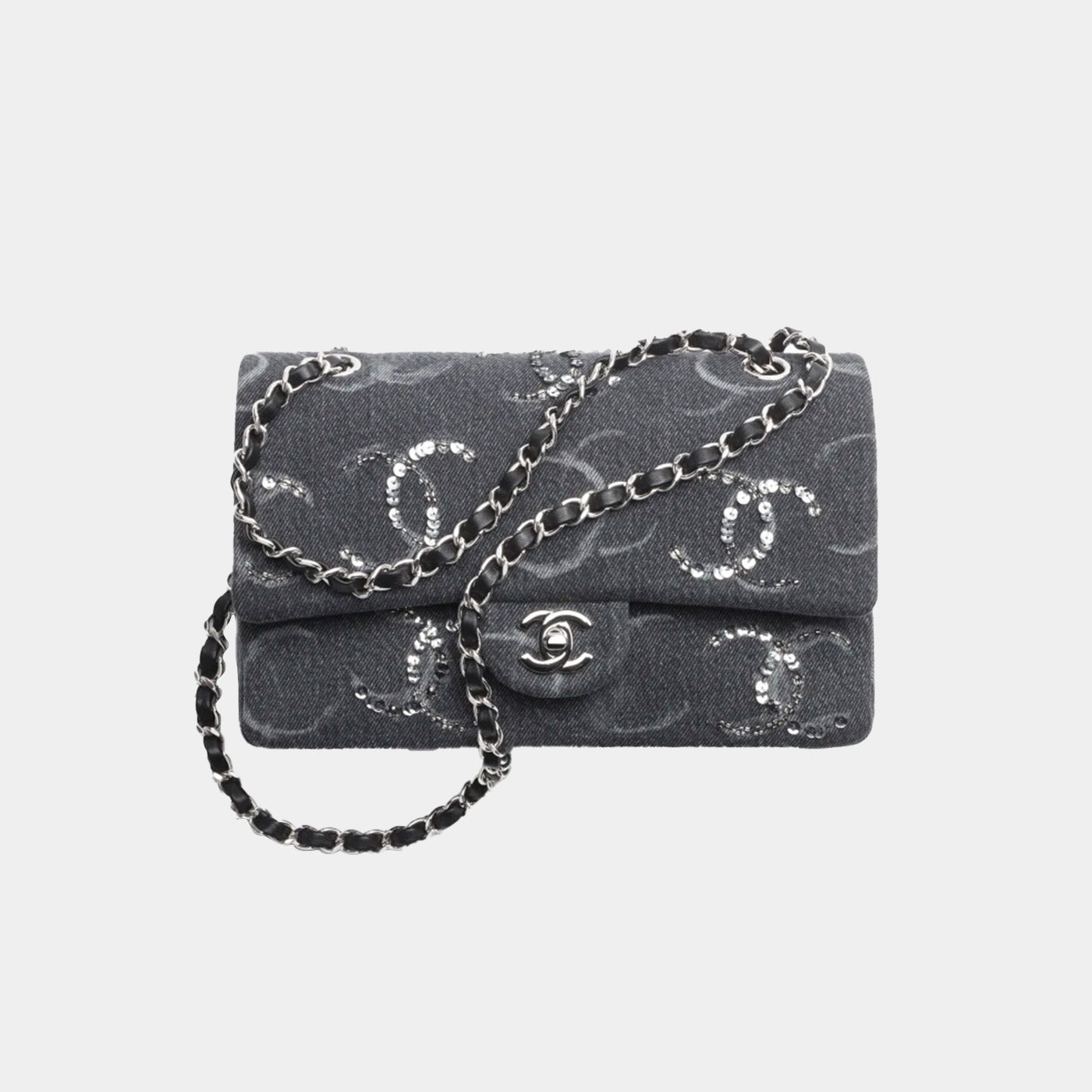 CLASSIC HANDBAG - EMBROIDERED DENIM, SEQUINS &amp; SILVER-TONE METALBLACK