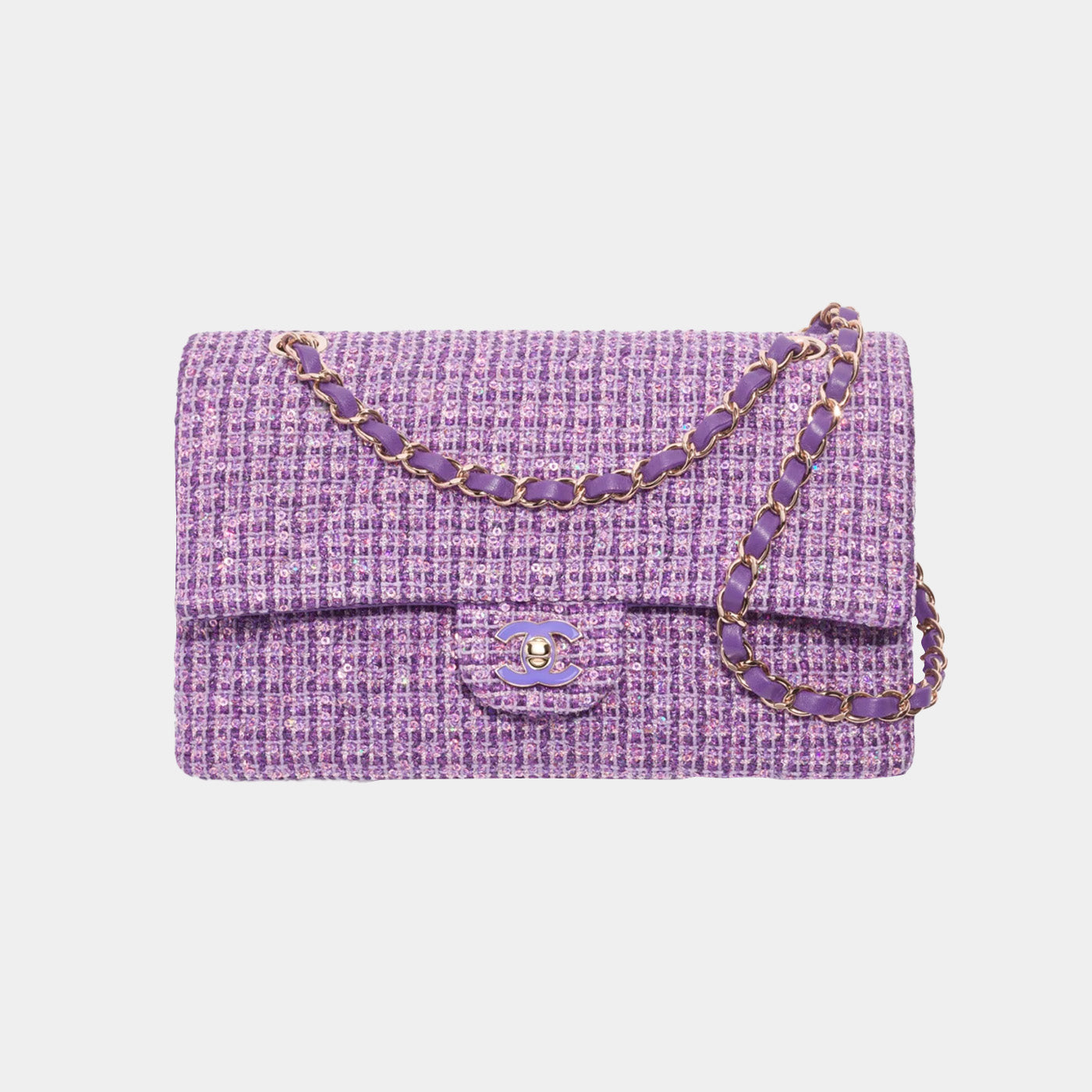 CLASSIC HANDBAG - TWEED, ENAMEL, SEQUINS &amp; GOLD-TONE METALPURPLE &amp; SILVER