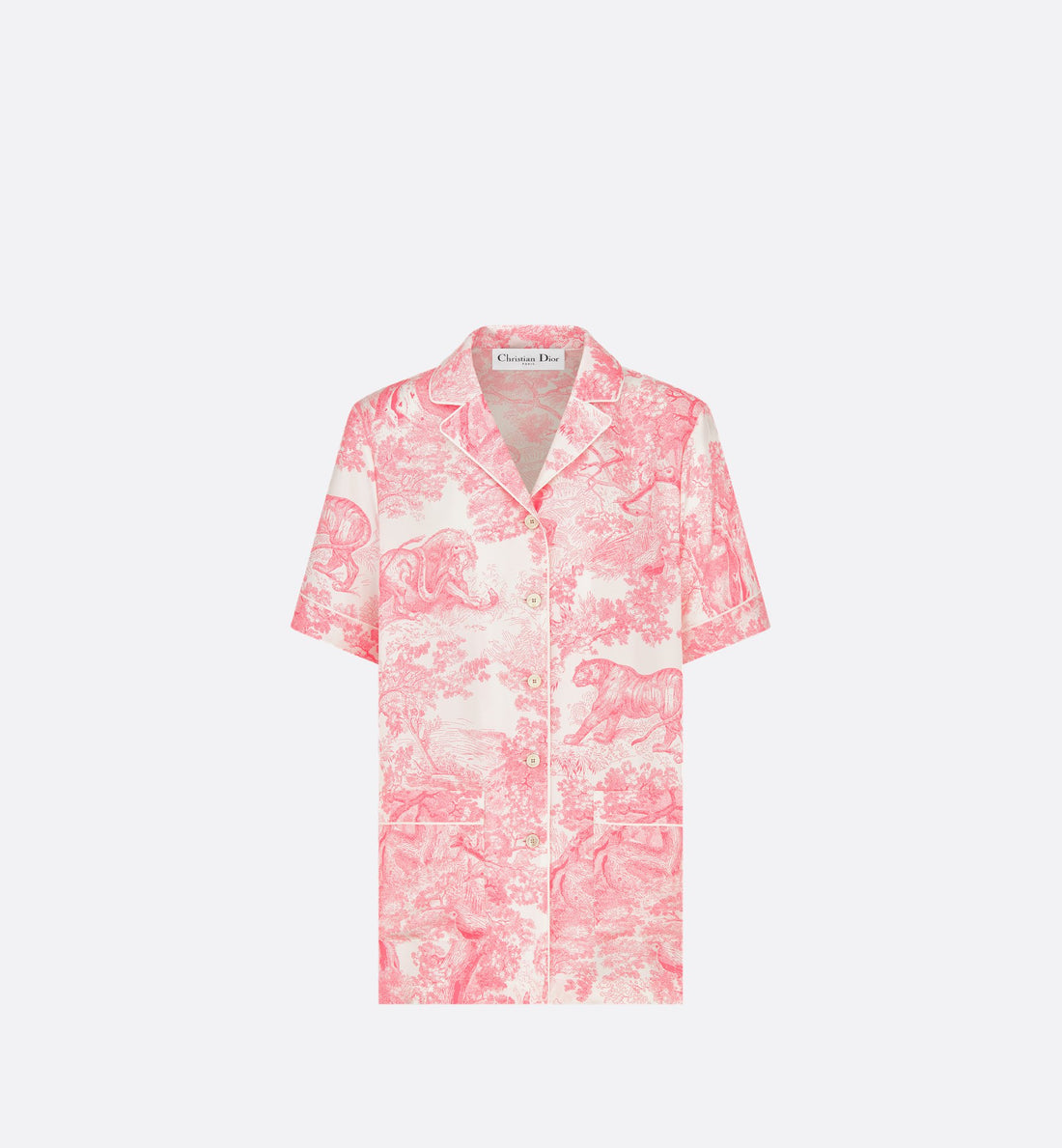 Dioriviera Dior Chez Moi Short-Sleeved Shirt White And Candy Pink Silk Twill With Toile De Jouy Sauvage Motif