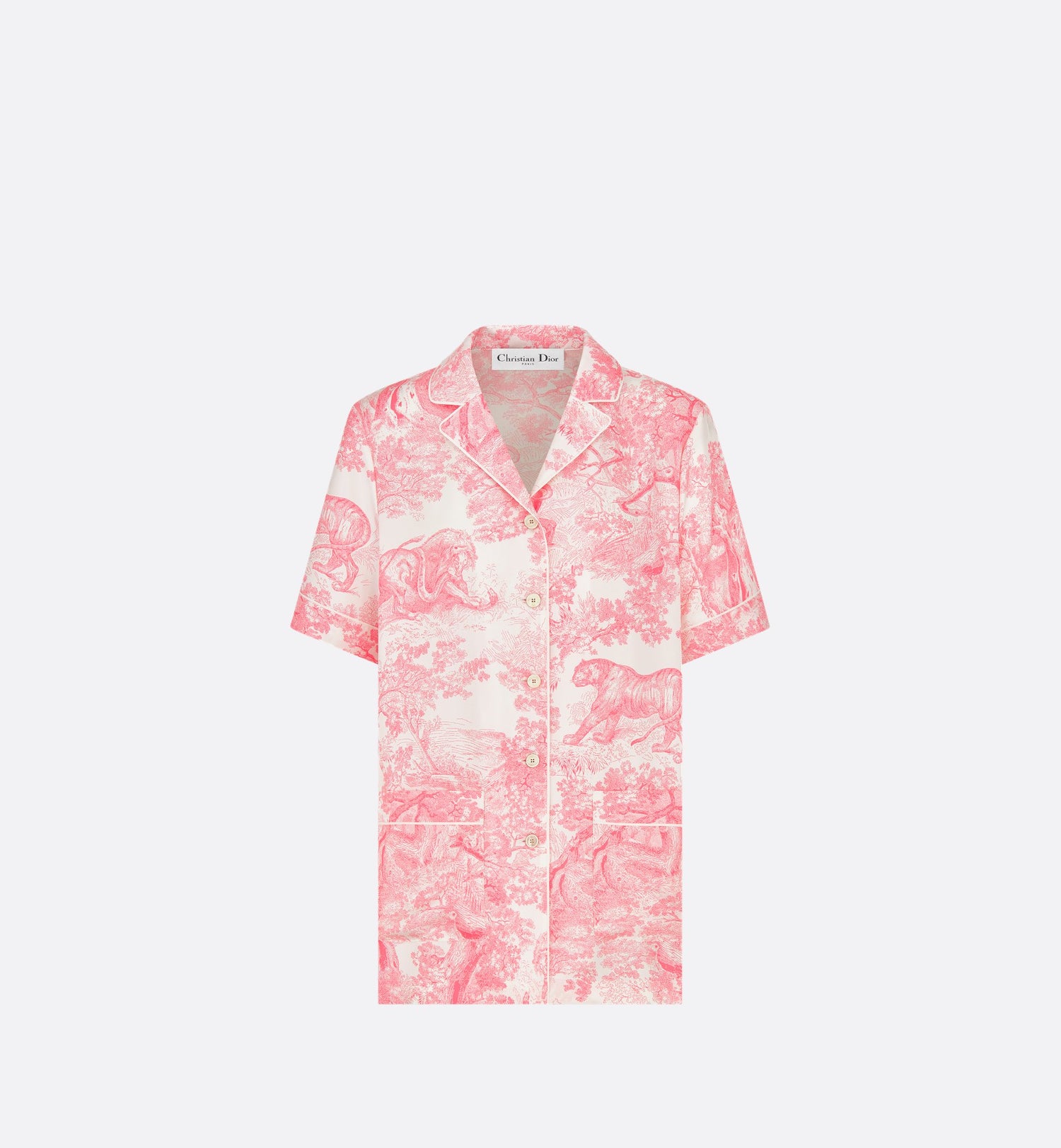 Dioriviera Dior Chez Moi Short Sleeved Shirt White And Candy Pink Silk Twill With Toile De Jouy Sauvage Motif