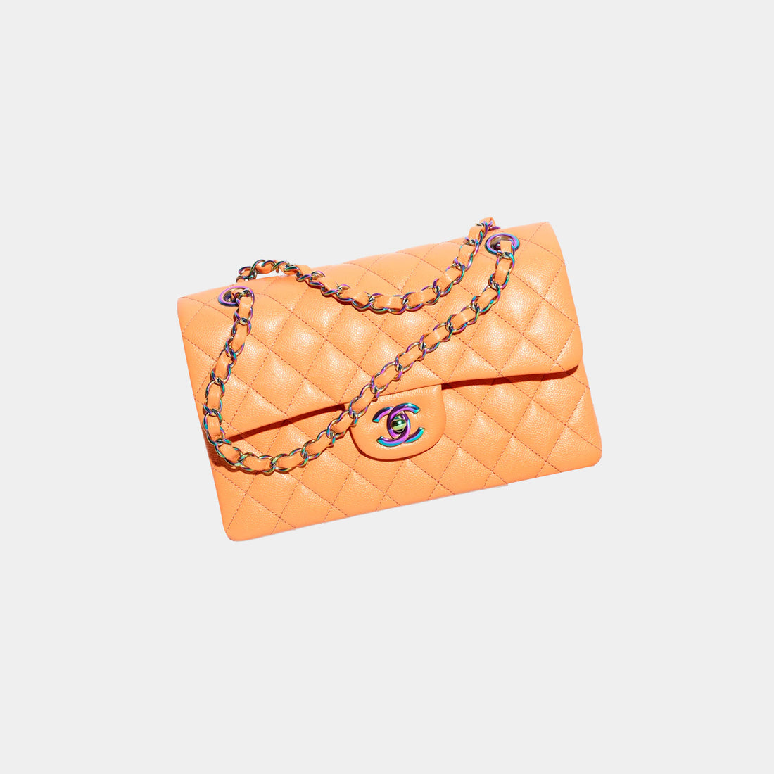 Classic Handbag Shiny Grained Calfskin And Rainbow Metal Orange