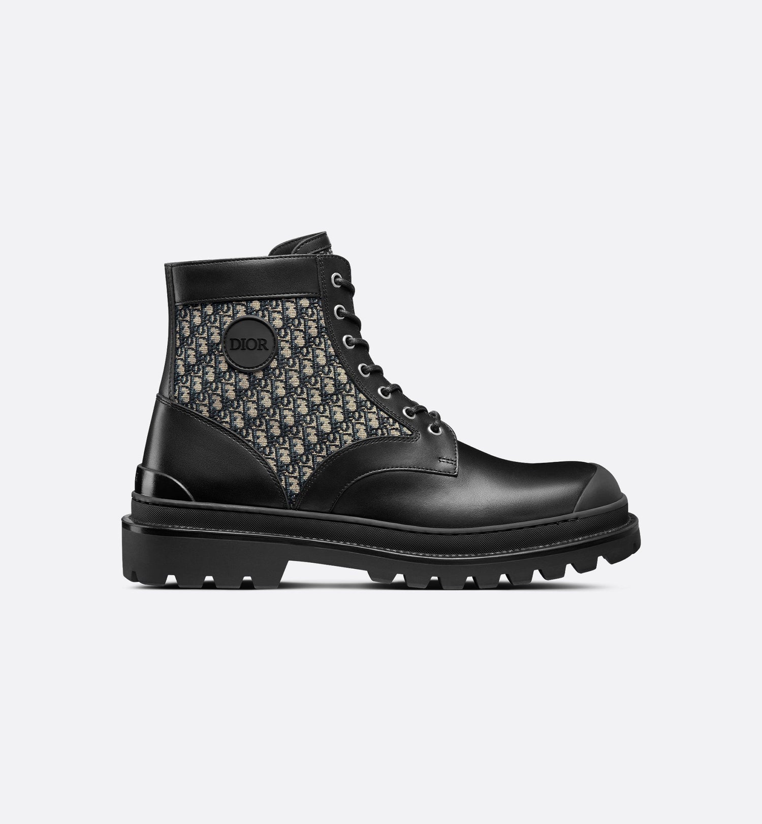 Dior Explorer Ankle Boot Black Smooth Calfskin And Beige And Black Dior Oblique Jacquard