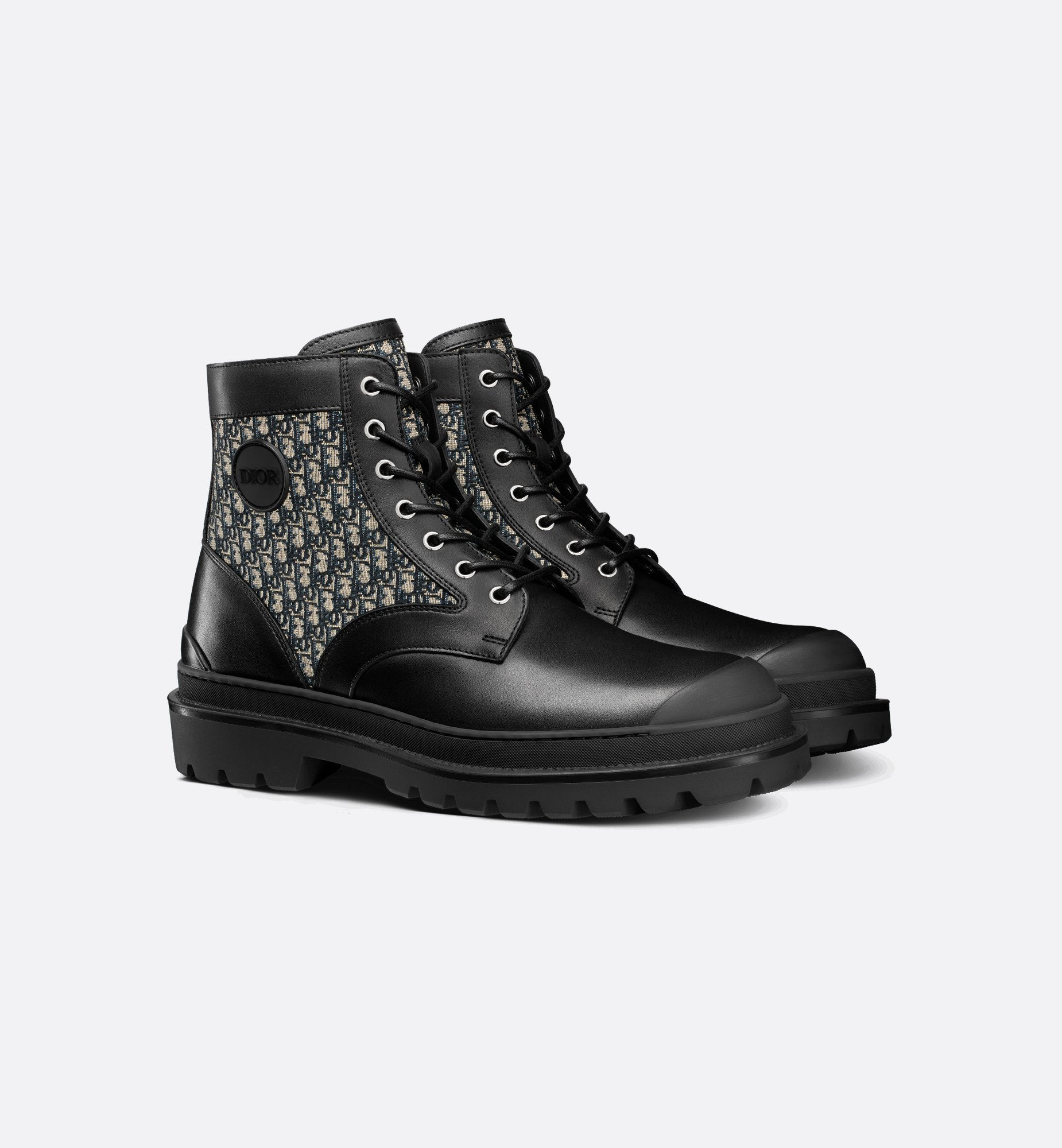 Dior Explorer Ankle Boot Black Smooth Calfskin And Beige And Black Dior Oblique Jacquard