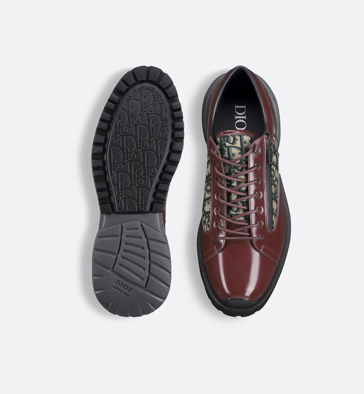 Dior Combat Derby Shoe Burgundy Polished Calfskin With Beige And Black Dior Oblique Jacquard