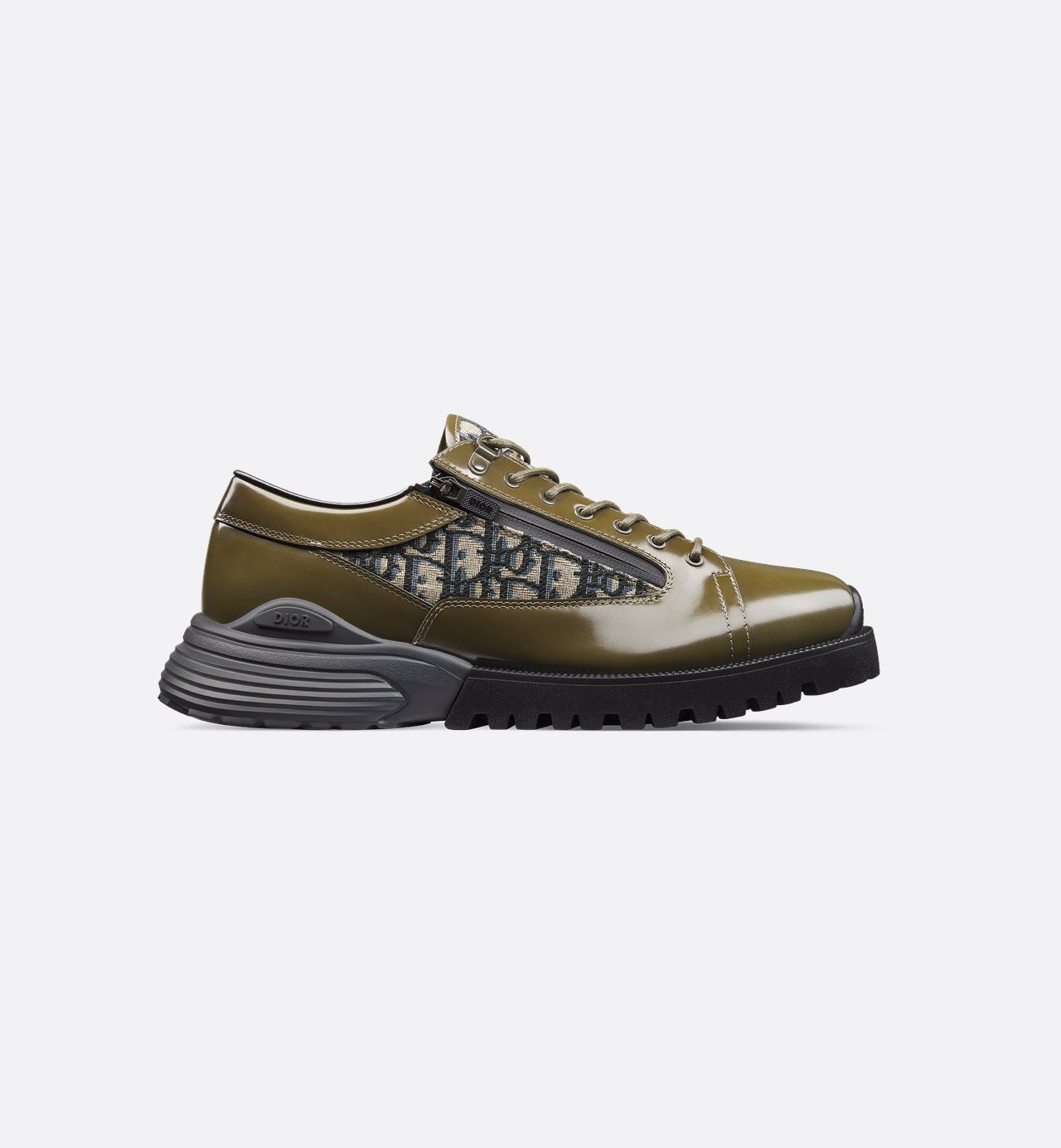 Combat Derby Shoe Khaki Polished Calfskin With Beige And Black Dior Oblique Jacquard