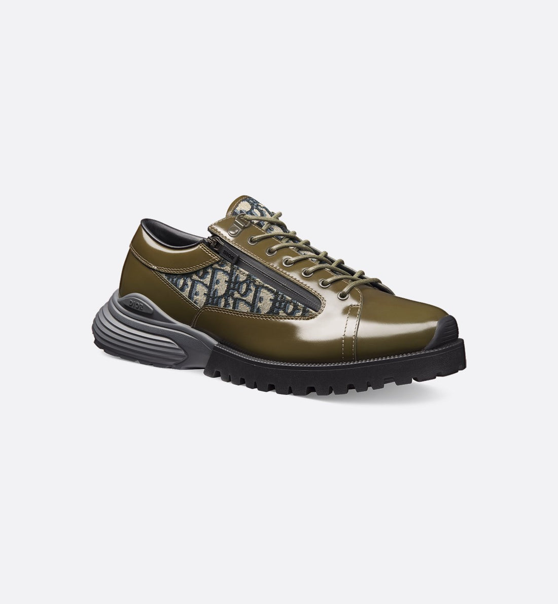 Dior Combat Derby Shoe Khaki Polished Calfskin With Beige And Black Dior Oblique Jacquard