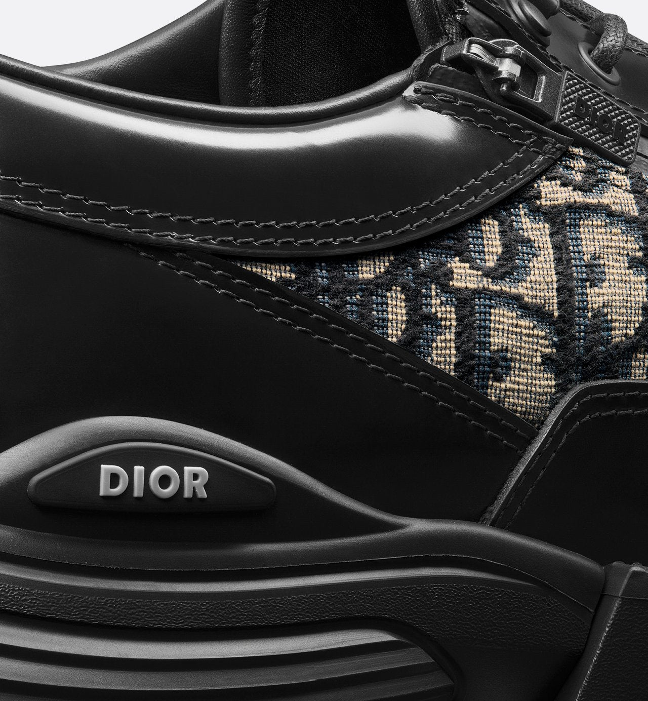 Dior Combat Derby Shoe Black Polished Calfskin With Beige And Black Dior Oblique Jacquard