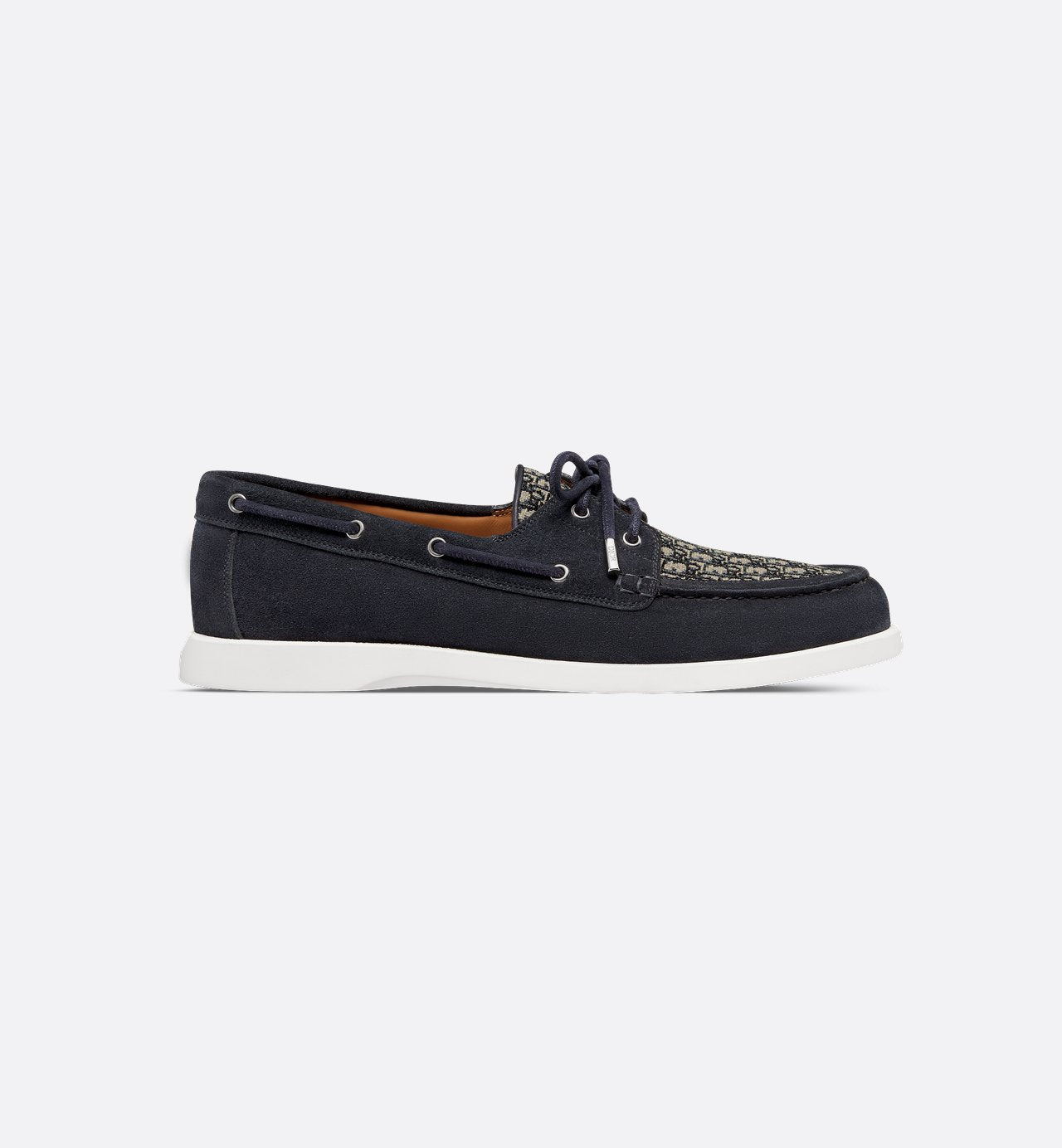 Dior Granville Boat Shoe Navy Blue Suede With Beige And Black Dior Oblique Jacquard