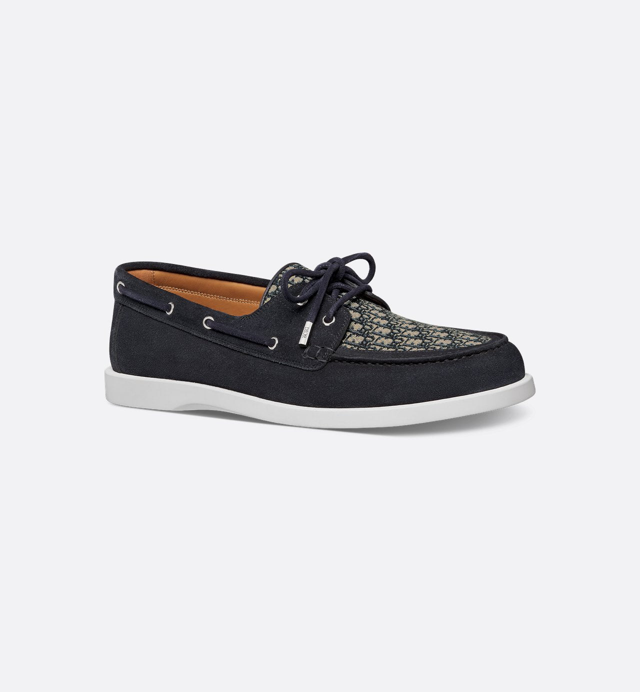 Dior Granville Boat Shoe Navy Blue Suede With Beige And Black Dior Oblique Jacquard