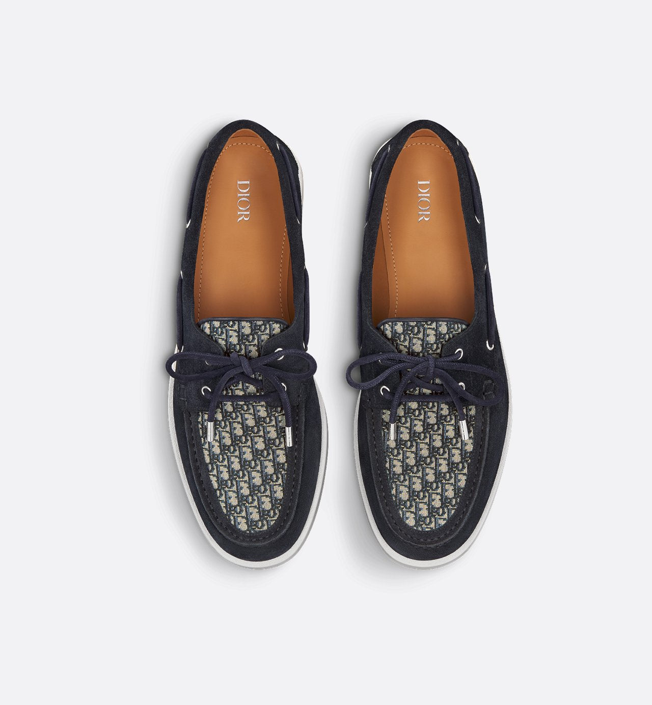 Dior Granville Boat Shoe Navy Blue Suede With Beige And Black Dior Oblique Jacquard