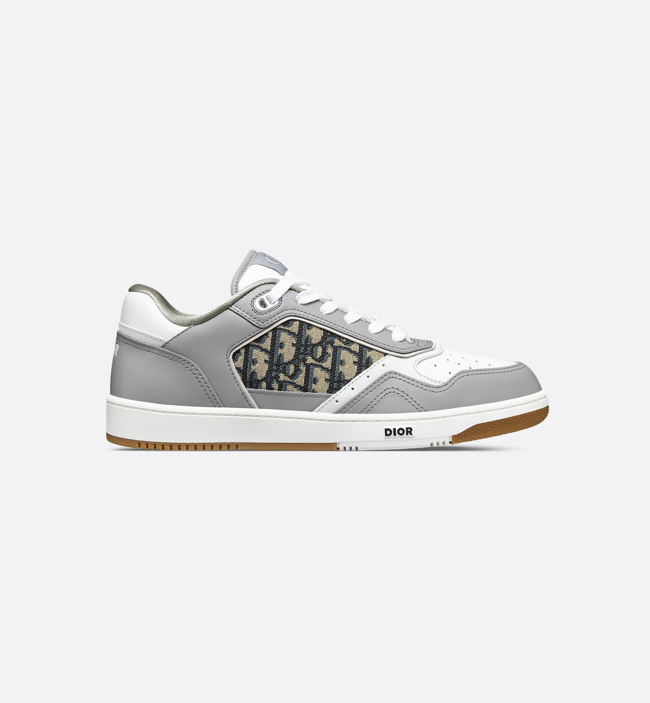 B27 Low Top Sneaker Gray And White Smooth Calfskin With Beige And Black Dior Oblique Jacquard