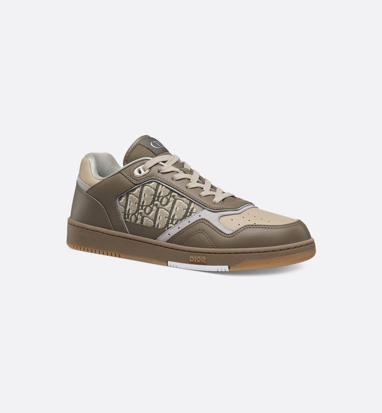 B27 Low Top Sneaker Khaki And Beige Smooth Calfskin With Khaki Dior Oblique Jacquard