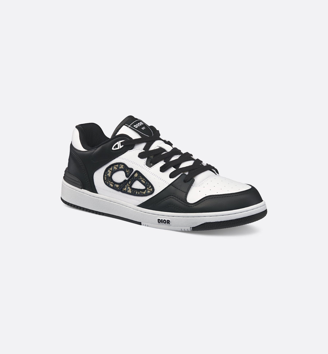 B57 Low Top Sneaker Black And White Smooth Calfskin With Beige And Black Dior Oblique Jacquard