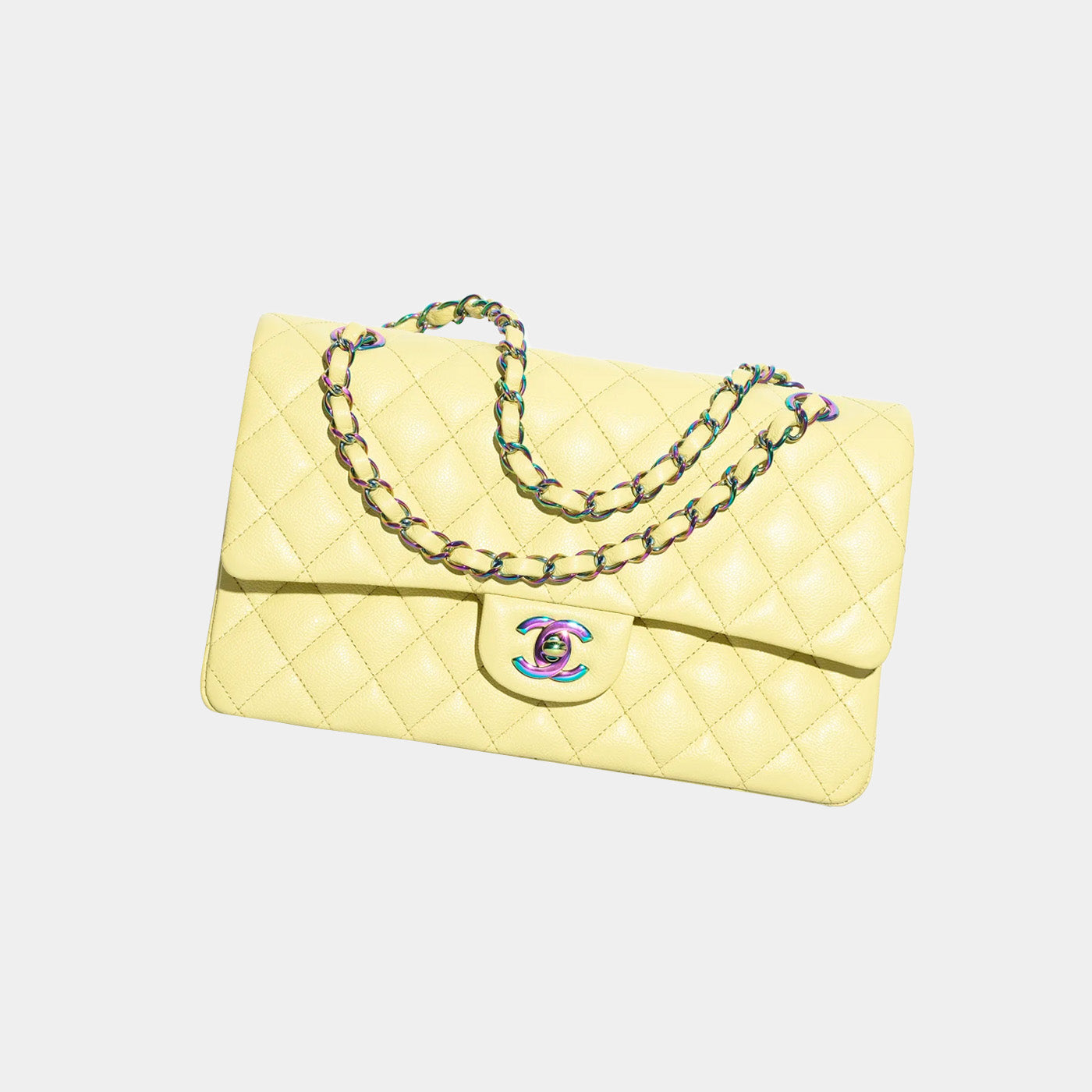 Classic Handbag Shiny Grained Calfskin And Rainbow Metal Yellow