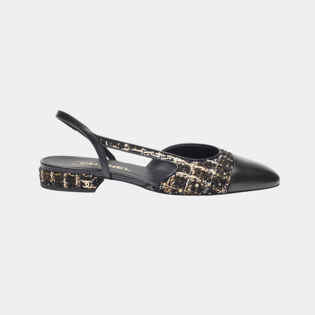 Low Slingback -  Glittered Wool Tweed &amp; Lambskin - Black, Gold &amp; White