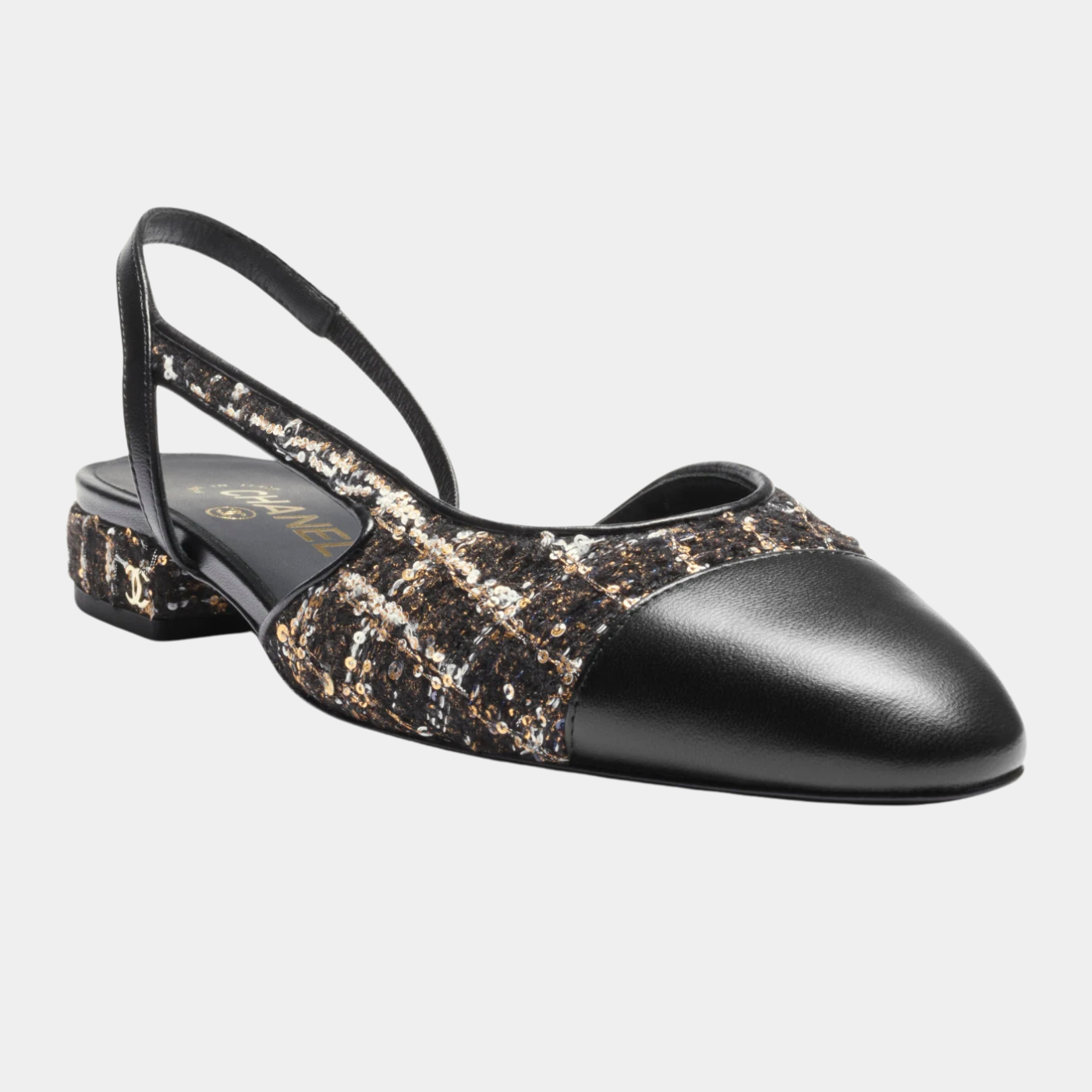 Low Slingback Glittered Wool Tweed And Lambskin Black Gold And White