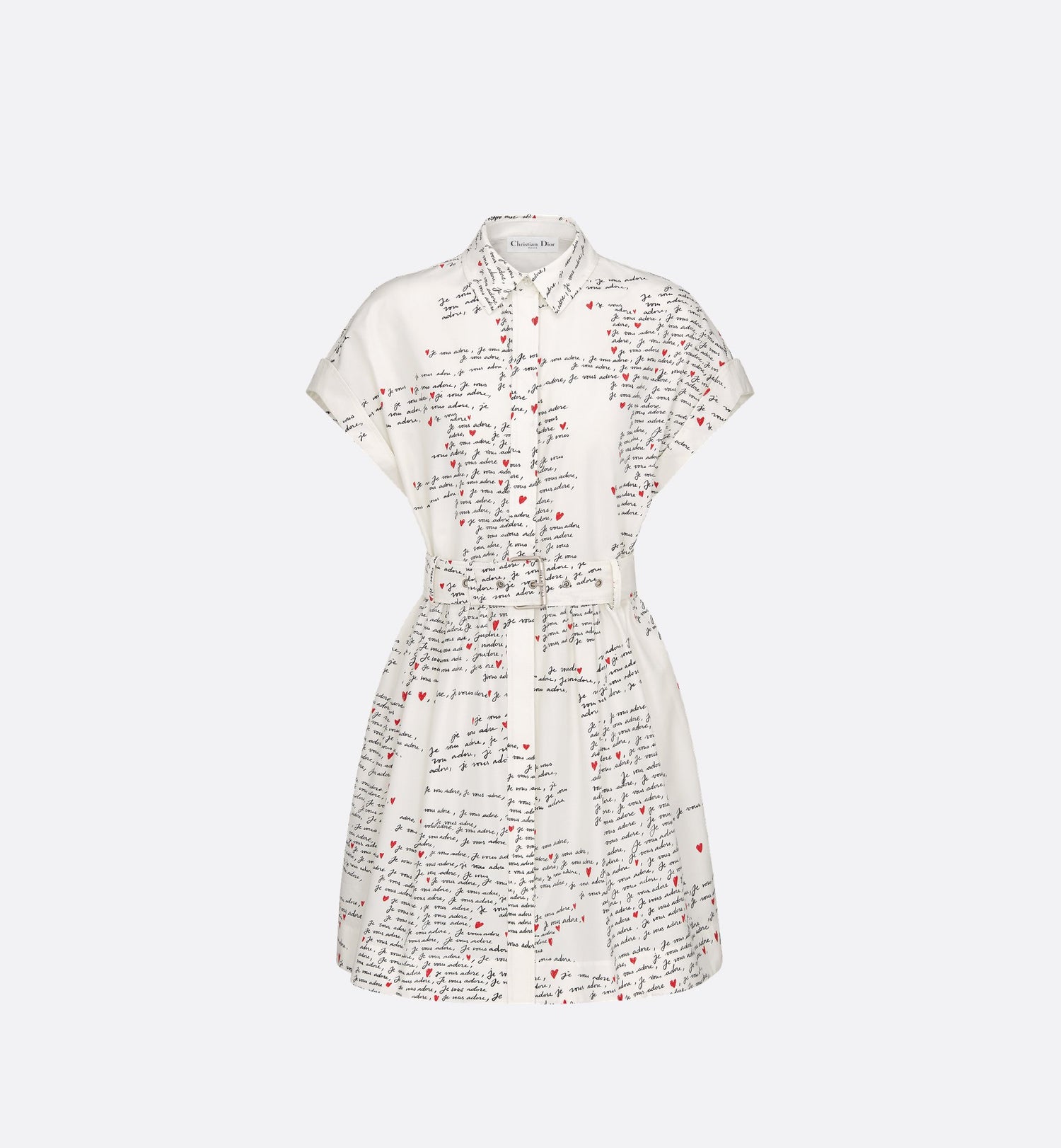 Dioramour Belted Shirtdress White Cotton And Silk Poplin With Black And Red Je Vous Adore Motif