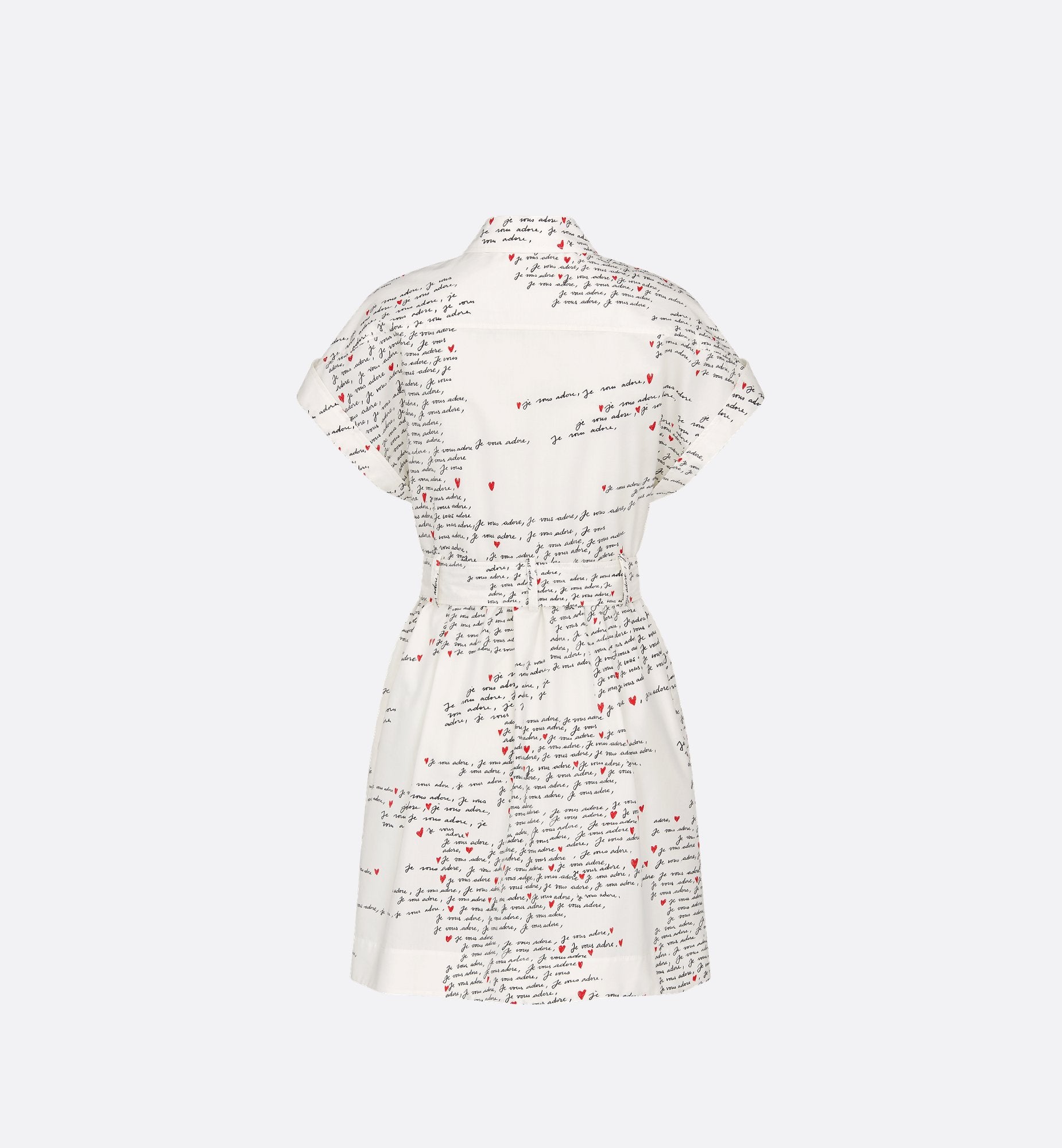 Dioramour Belted Shirtdress White Cotton And Silk Poplin With Black And Red Je Vous Adore Motif