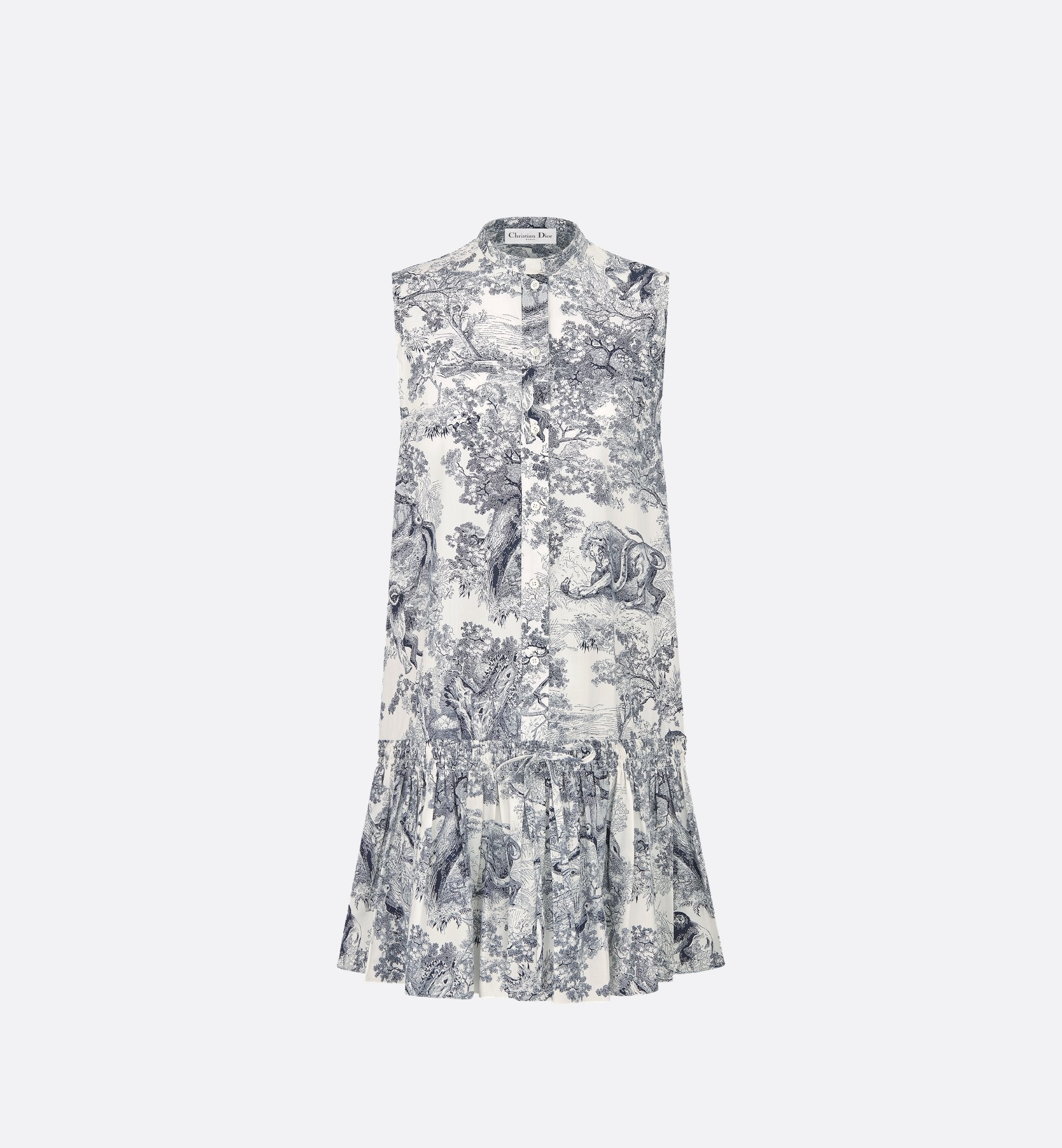 Dioriviera Straight Ruffled Dress White And Navy Blue Cotton And Silk Poplin With Toile De Jouy Sauvage Motif