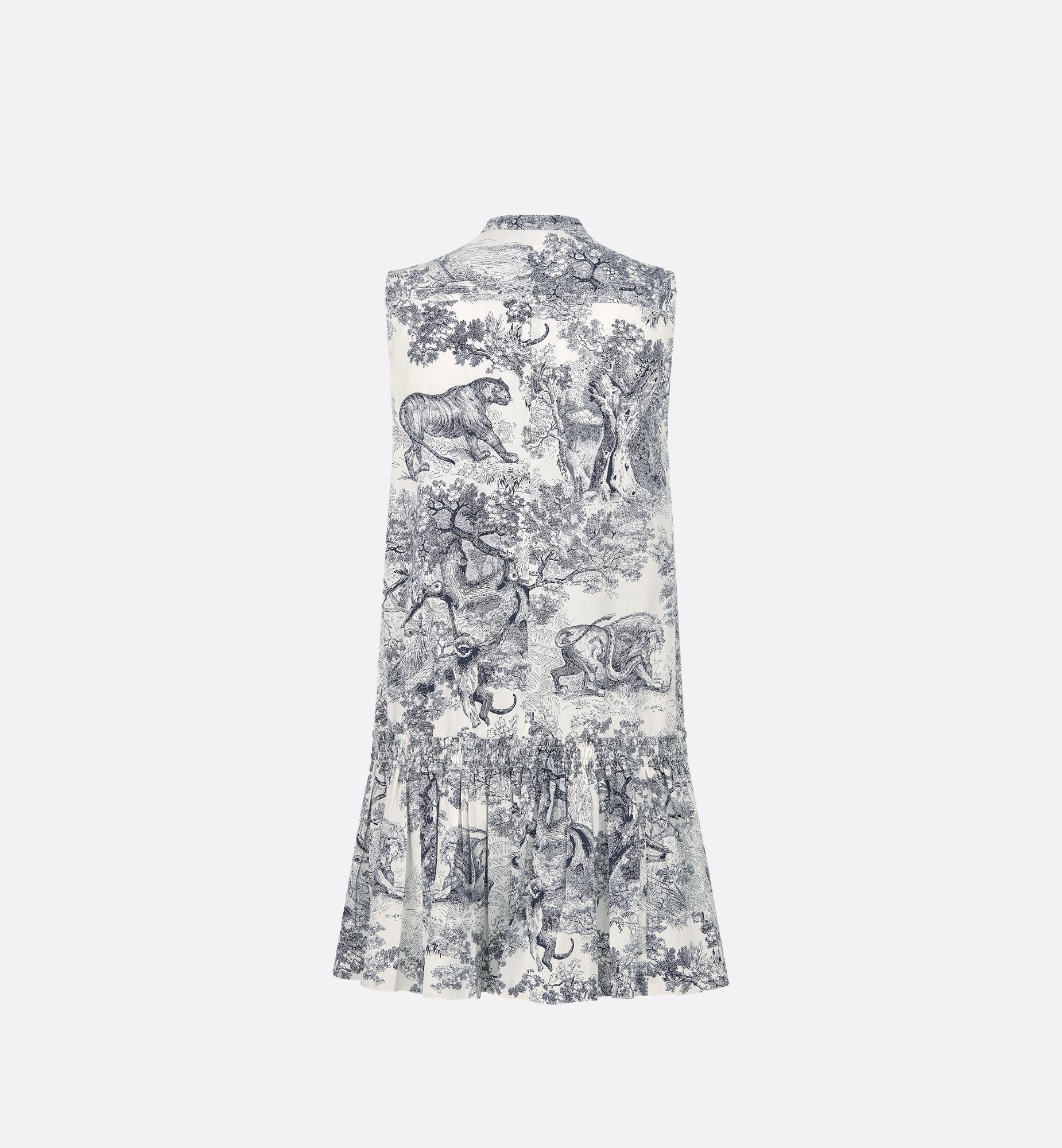 Dioriviera Straight Ruffled Dress White And Navy Blue Cotton And Silk Poplin With Toile De Jouy Sauvage Motif