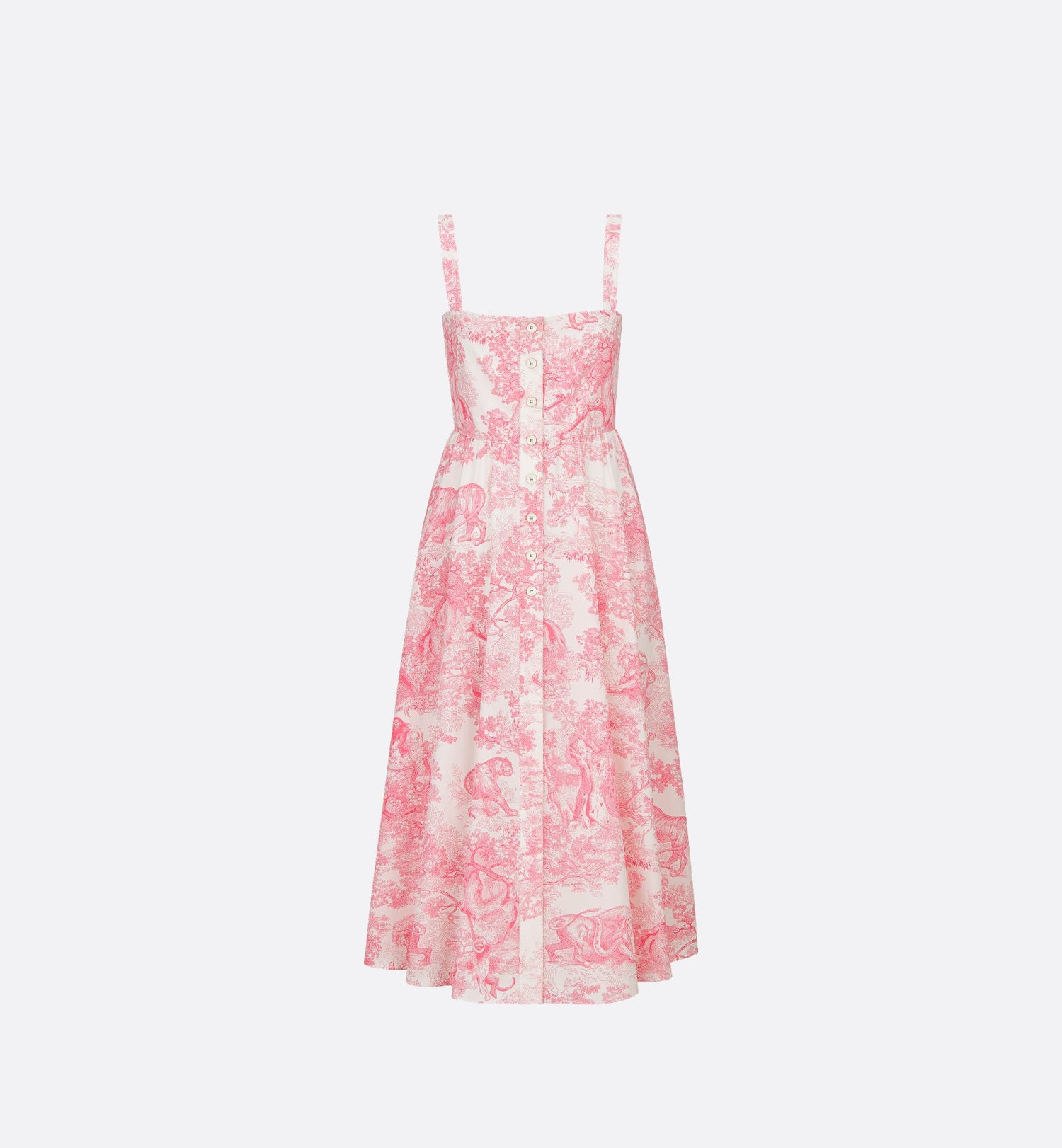 Dioriviera Flared Mid Length Dress White And Candy Pink Cotton And Silk Poplin With Toile De Jouy Sauvage Motif