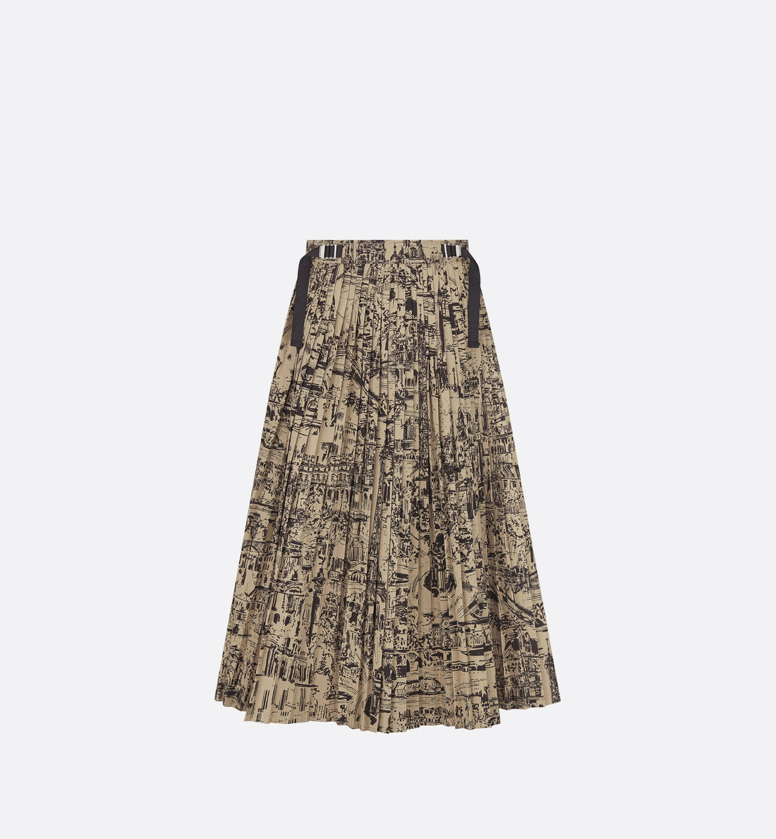 Pleated Mid Length Skirt Beige And Black Cotton Gabardine With Paris Allover Motif