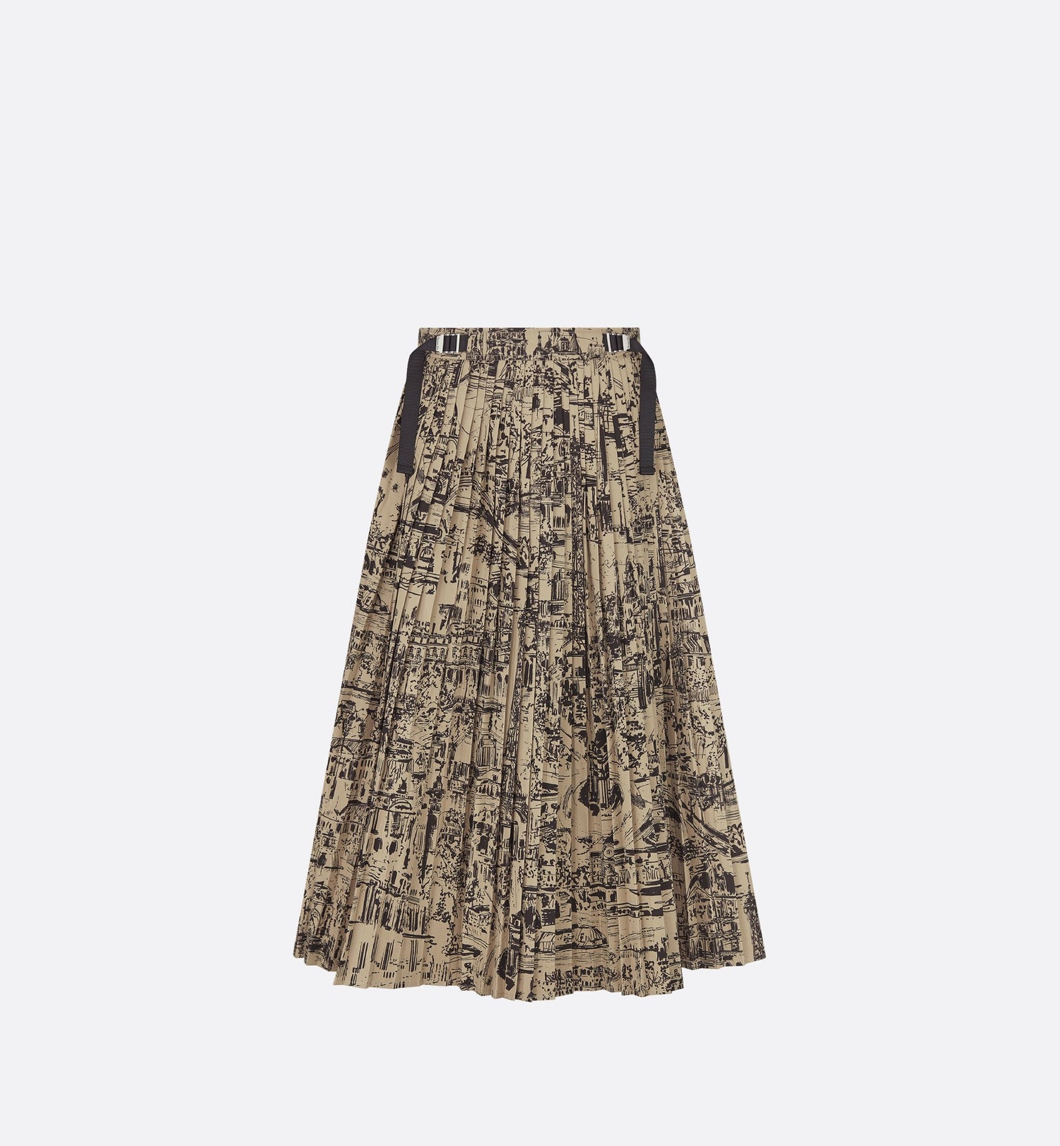 Pleated Mid-Length Skirt Beige And Black Cotton Gabardine With Paris Allover Motif