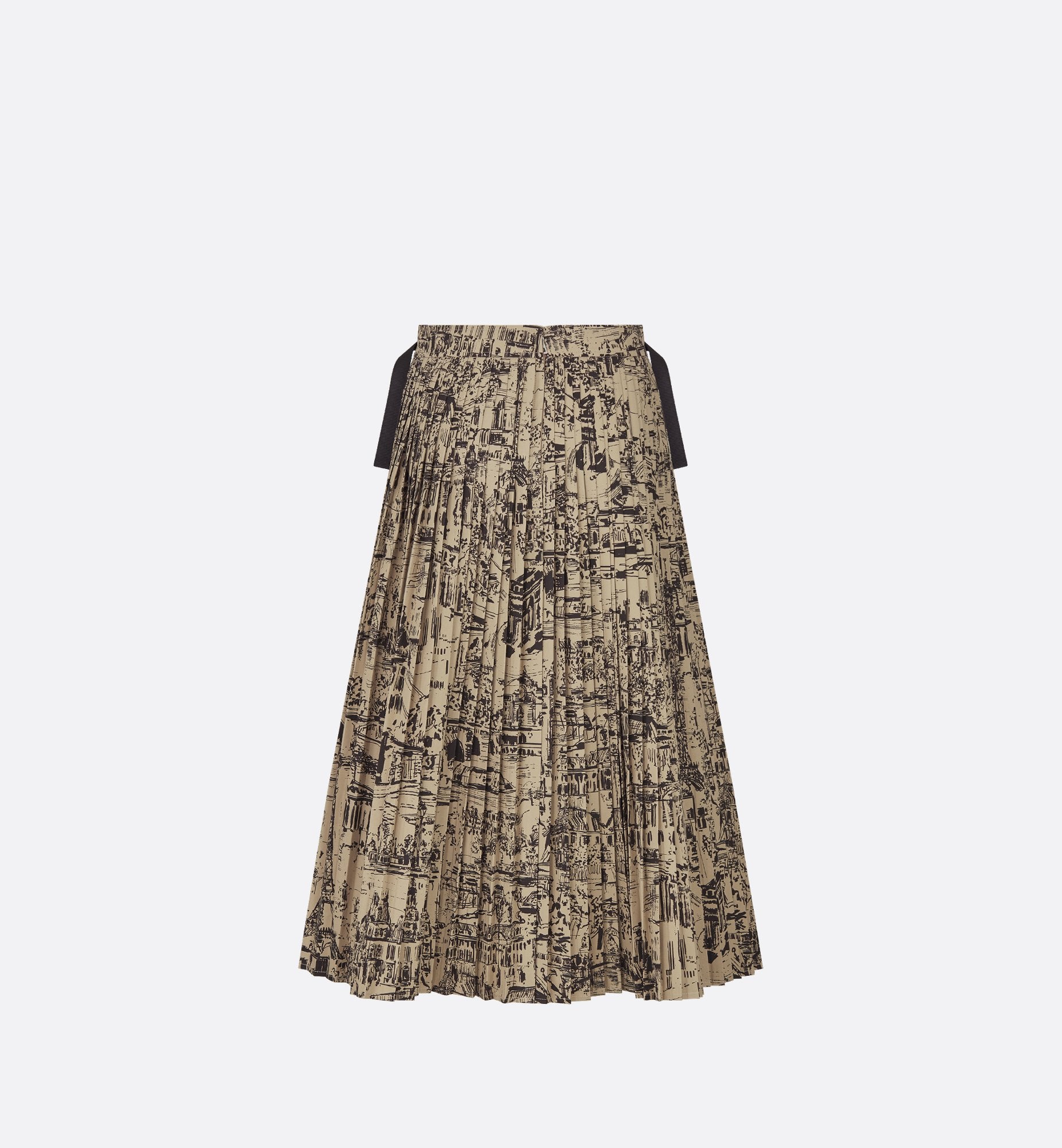 Pleated Mid-Length Skirt Beige And Black Cotton Gabardine With Paris Allover Motif