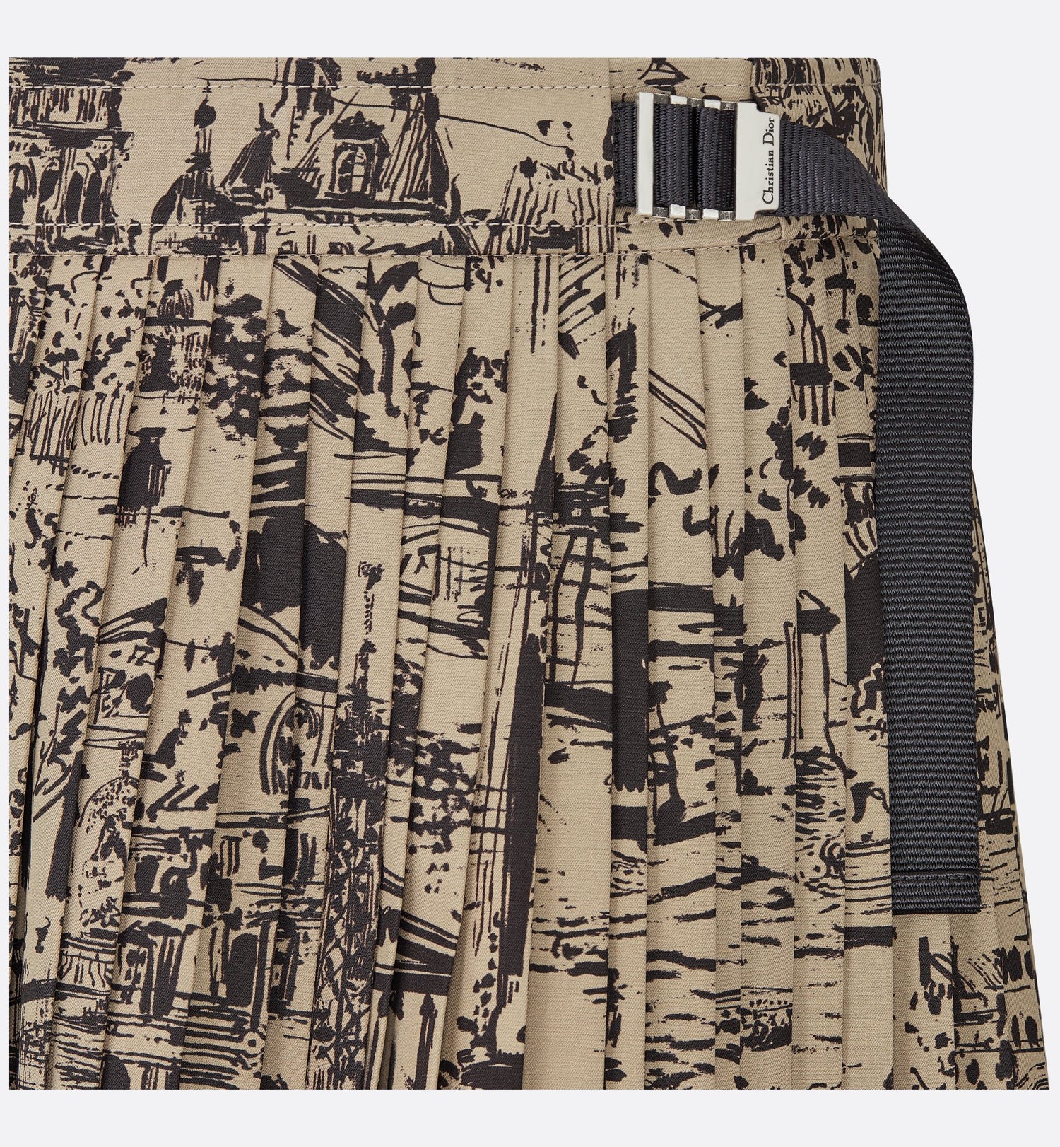 Pleated Mid-Length Skirt Beige And Black Cotton Gabardine With Paris Allover Motif