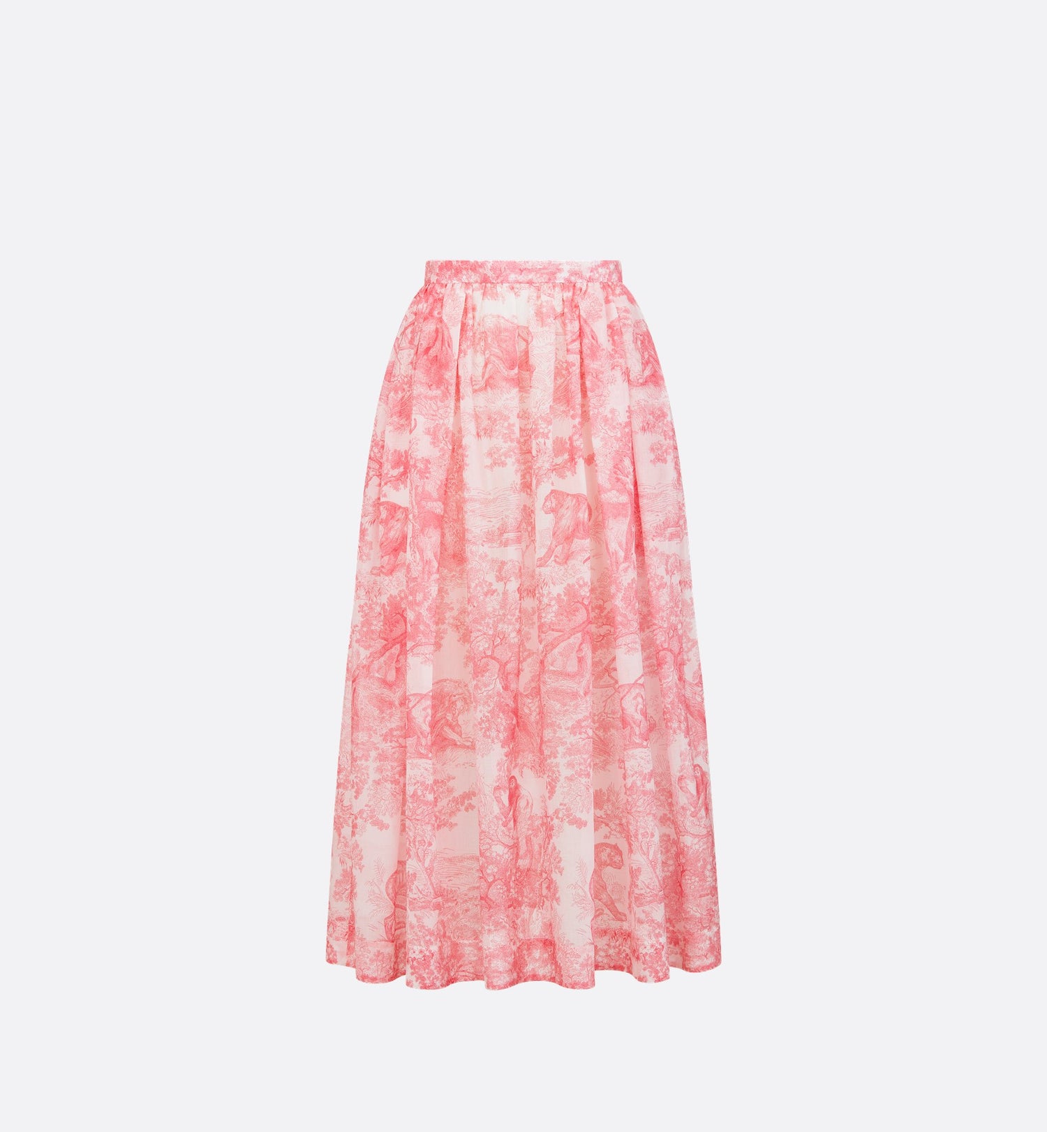 Dioriviera Flared Mid Length Skirt White And Candy Pink Cotton Muslin With Toile De Jouy Sauvage Motif